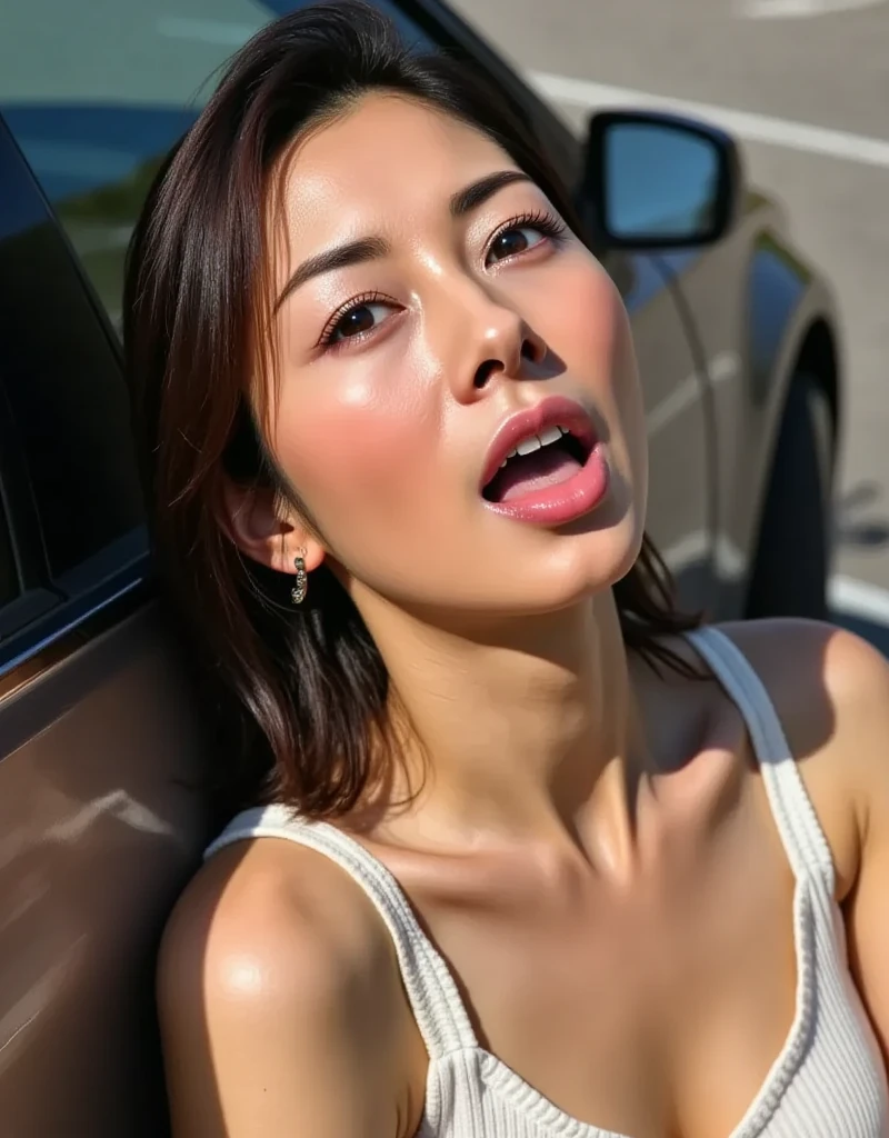 Beautiful Japanese actresses,1 girl,Flying debris,,Award-winning photo, Very detailed, Keep your eyes clearly focused, Nose and mouth,Face Focus, Extreme close up of face、 Age 35,Brown Hair、Symmetrical face,Realistic nostrils、Angle from below、Elongated C-shaped nostrils NSFW,(Sharp Nose)Sweaty skin、Shiny skin,(Brow wrinkles))(Cum on tongue)、Deep Kiss、((Thin eyebrows))Oily skin、glistening shining skin、double eyelid、、Beautiful woman、Medium Hair、Shortcuts、Tank top、(((armpit))),Suka can see the sky、Shibuya Center Street、(((Show your side,pov)))Inside the TAXI,raised eyebrows, (((mouth hold, frown, crazy, grimace))), textured skin,Long upper arms,crying with eyes open, blush, drunk, frown, grimace, endured face