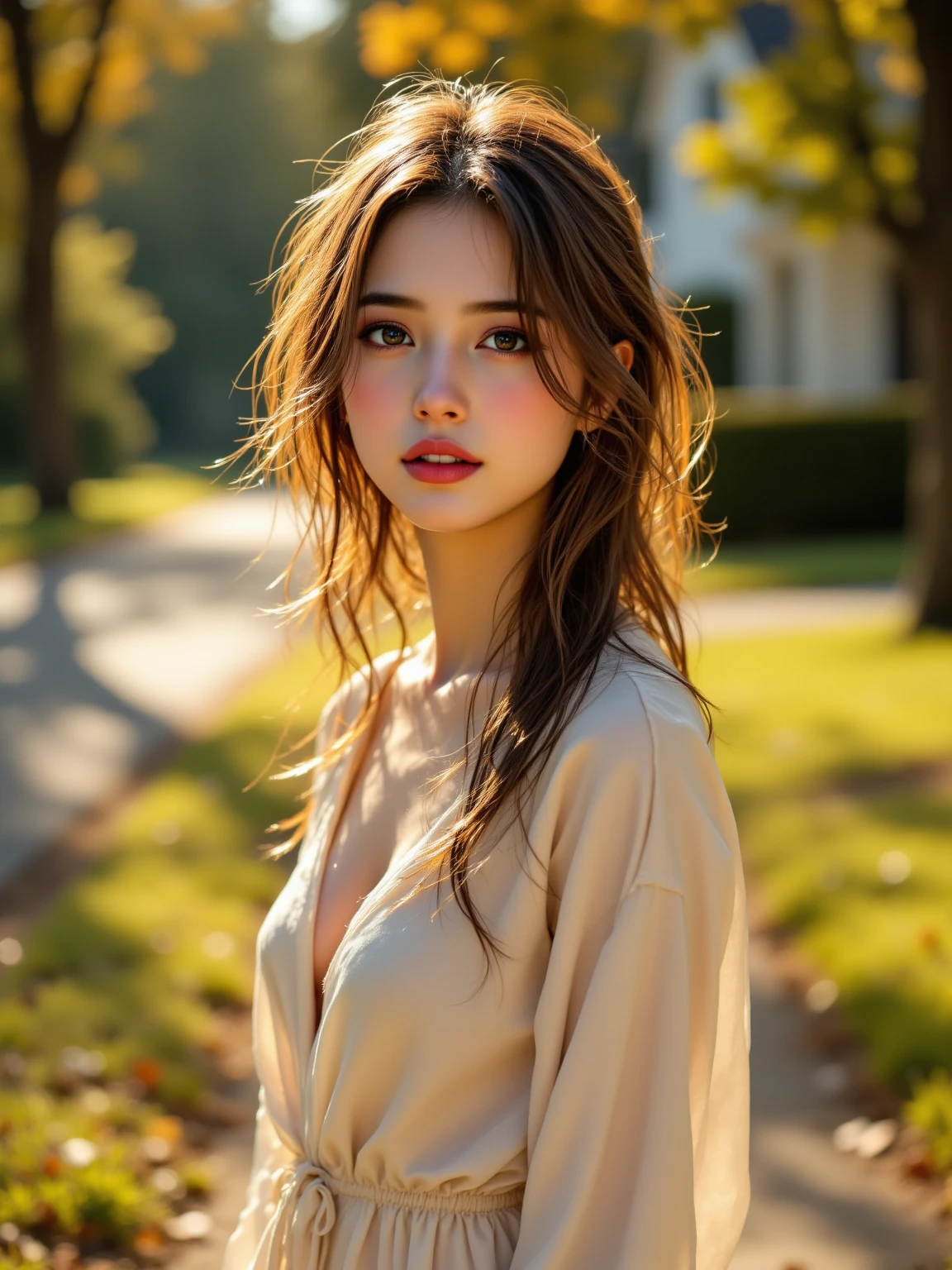1girl,slg,grass,messy hair,nsfw,depth of field, dusk,Leaning forward with one hand on the knee<lora:slg_v11:1>,