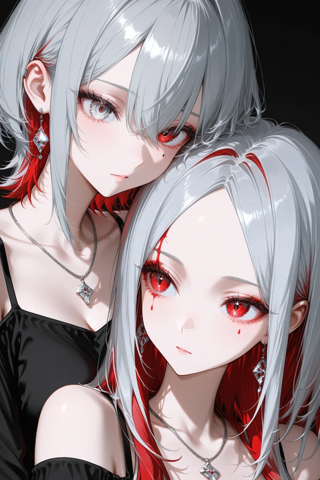 Two silver-haired girls，One blue pupil and one red pupil both have a big cleavage