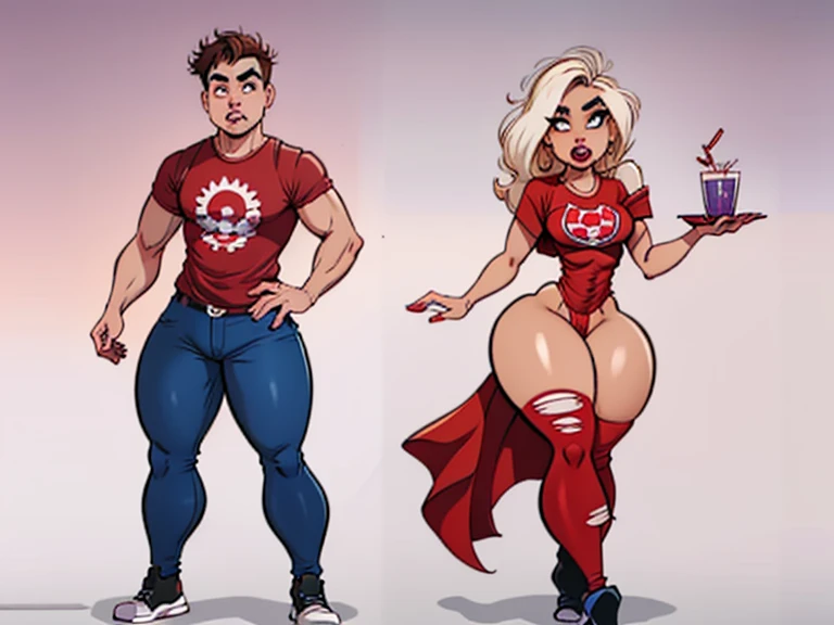 ((masterpiece)),(((best quality))),((character design sheet)), illustration,1man, boy, 1 girl, 1 woman, environment Scene change,  ((man is (pompadour:0.9)(black skin:1.1)), muscular, (red shirt:1.2), white underwear, masculine, rugged, manly, sharp edges, heroic, pink legs, thick legs,)) (woman is blonde with ponytail,((puffy lips))) scribbles and marks, rough sketches, pose too, color palette, 8k,16k, (simple background, light background: 1.3)