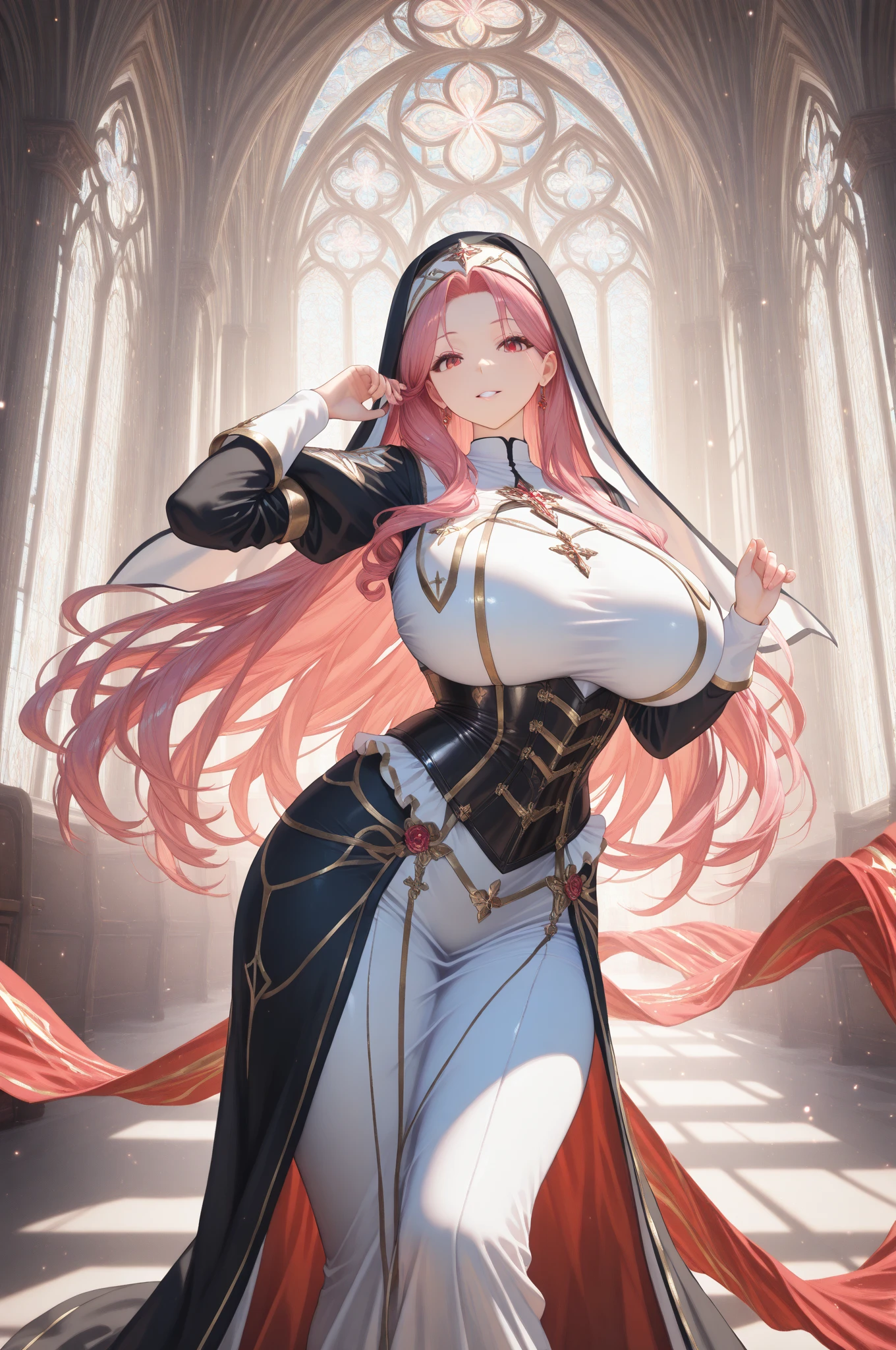 The image shows a central character in an artistic style with several striking details. She has light pink hair, Short and asymmetrical, with a fringe covering the right eye. The character has large, expressive eyes, with a gaze slightly tilted to the left side, suggesting an air of curiosity or secrecy.

She is wearing a red leather outfit, highlighted by a deep V-neckline and white stitching that add contrast to the outfit. The clothes are fitted, emphasizing your athletic figure. The character wears purple gloves, that complement the bold and stylized look.

Your expression is intriguing, with the left hand close to the face and the index finger touching the lips, suggesting she is thinking or keeping a secret. The right hand is raised, with the index finger pointing upwards, perhaps indicating attention or an idea. The character&#39;s skin is pale, which contrasts even more with the vibrant hair and flashy clothes.
