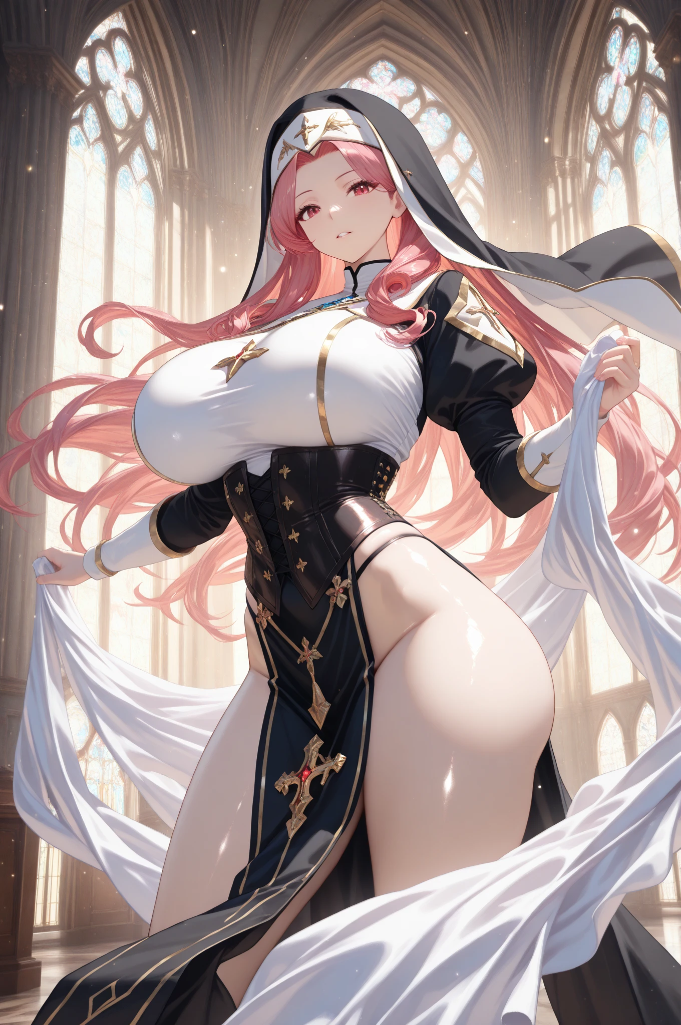 best quality,super detailed,shiny skin,1woman in her 20s,Beautiful jpn-woman,villain,(full body),nun clothes,(sister veil),intricately designed details,(layered costume),((pink blonde)),(femdom),(square hanging eyes),precisely drawn face,big breasts,(big ass),((white thigh high boots)),mysterious smile,standing,((church of evil)),Suspicious atmosphere,1thumb and 4fingers,night