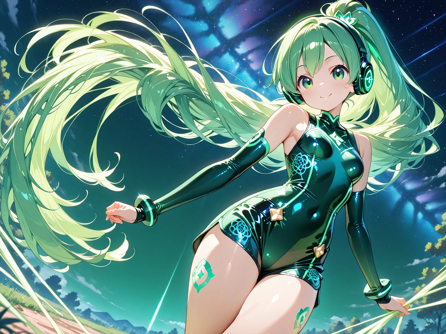 anime girl,club, 2 piece neon blue bikini, headphones,night beach party,dancing,smiling,(best quality:1.2),(ultra-detailed:1.2),(realistic:1.37),HDR,vivid colors,portraits,headphone girl,energetic pose,colorful lights,stage set,joyful expression ,anime style, atmosphere,techno music,electronic dance music,festival vibes,hip hop beats,festival outfit,expressive eyes,long hairstyle with vibrant green and red color hair, gold eyes, elaborate makeup neon lights,beaming smile,positive vibes,high-energy performance,stylized backgrounds,colorful visuals,excitement in the air, mid body portrait, back turned