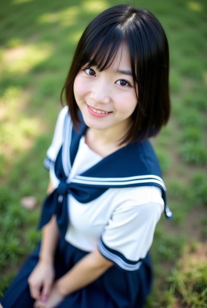 top-quality,masterpiece,Raw photography,8K,Top image quality,hight resolution, 18 years old Japanese female idol ,Beautuful Women,cute Japanese girls, Pretty Woman ,Beautiful face in every detail, ,small head, seductive smile ,Realistic human skin, pale skin ,cut model , Short hair ,bowl cut ,skinny body , school uniform ,sit, leaning forward ,put left hand on, contrapposto school uniform, arched back, look at viewer, face focus , face closeup ,from above