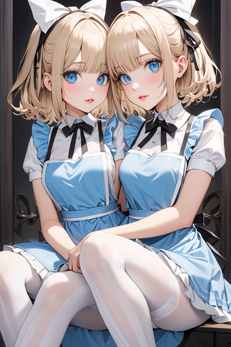 masterpiece, Highest quality, 4K, Super Resolution, One girl, Blonde long hair, Blue Eyes, Sexy blue mini dress with white lace apron, Lift up the hem of your skirt with both hands,Pull up your skirt, White gorgeous panties, Flower Field