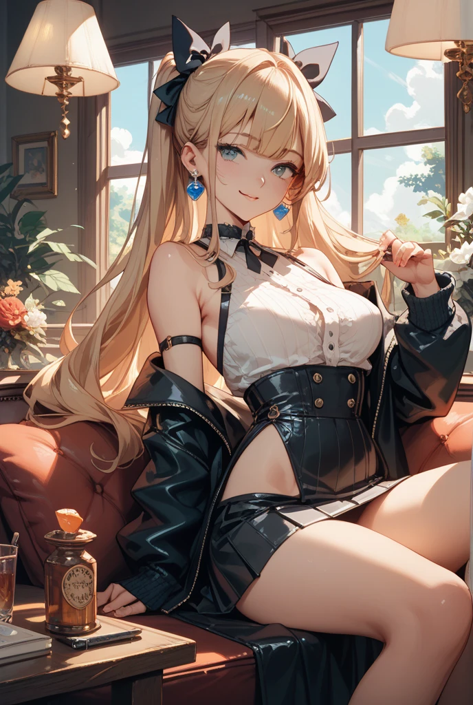 (highest quality, High resolution, perfect pixel, Depth of bounds written, 4K), upper body, (chair), (looking down), (detailed eyes), (1 lady), tall, (skinny body:1.2), (thin thighs:1.2), (Narrow hips:1.2), (black tube tops:1.4), bellybutton, sleeveless, middle breasts, (blond hair), (ponytail:1.2), (standing:1.2), (denim skirt:1.2), (panty strap), (hands on hips:1.2), contrapposto, (seductive smile),