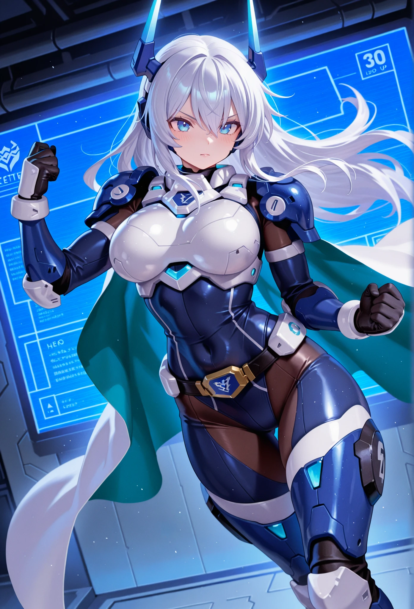 ((extreme close up:1.6))、(((Shining lenses on both breasts:1.3)))、((Blue pillars of light are emanating from both chests.:1.3))、Break、(((Dynamic pose:1.8)))、smile、((8k)), ((32k)), ((highest quality)), ((masterpiece)), ((超A high resolution)), ((Tmasterpiece)), ((halo:1.4))、((Mechaニカルheadgear:1.2))、((Cyber Headphones:1.3))Fine skin, High quality fabric, Fine metal texture、((Beautiful and dense face))、RAW Photos、Professional, Ultra-fine painting, ((alone)), Beautiful breasts、highest quality, Very detailed, Very detailed詳細, Finer details, so beautiful, ((Princess Knight Robot:1.2)),  (Joints of machines, Mechanical Limbs:1.3), (The internal structure of the machine is exposed:1.3), (Long silver hair:1.1), (Beautiful and huge mechanical breasts)、White Veil, cowboy_shot, Side Focus, headgear, Shiny、(Five Fingers, Four fingers and thumb),Concept Art, Anime fantasy artwork, Detailed fantasy art, (with pale blue-violet hair and large white wings,,,,,,,), (((Long silver hair))), (Mecha:1.6)、Sleek and intimidating design, ((Commander in Chief&#39;s Arms)), (Perfect robot body)、Pure white and blue-purple arms or, Symmetrical wings, 8k high quality detailed art, 3D rendering of character art in 8K, neat legs, Defined, Defined fingers,((headshot:1.3))