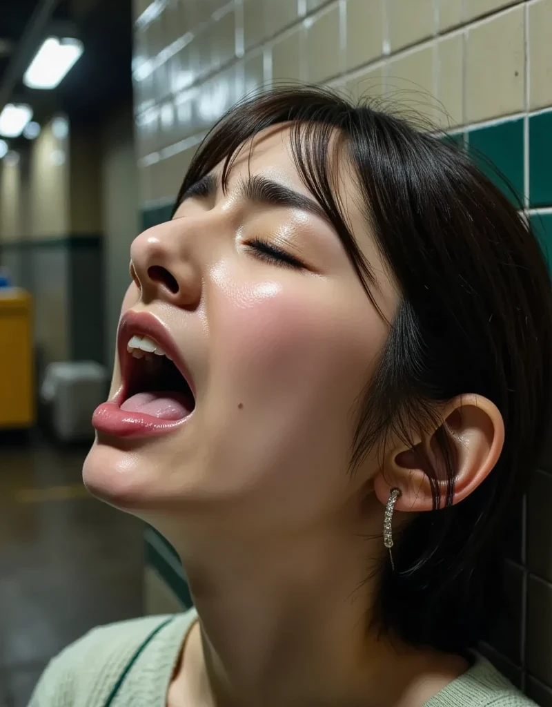 Beautiful Japanese actresses、1 Girl,flying debris,,Award-winning photo, Very detailed,Face Focus, Big double eyes(Woman with open mouth and closed eyes ), 18-year-old、Black Hair、Shiny skin、(((Macro close up of face)))、Realistic nostrils、Long and narrow nasal cavity,,,((Random color open cardigan))、Big Breasts、(Sharp Nose)Frowning performance:1.4,,performance,Frowning,please raise your head、Skin shiny with sweat,Oily facial skin,Tied Hair,Squatting and giving a blowjob,female teacher,Squatting in the hallway、Squat、50 degree hot room、Skin shiny with sweat、Wet transparent fabric,Sweaty all over my face,A face enduring intense pain、Screaming face,Open your mouth wide and shout,((Ahegao, Drooling, Saliva trace, Long Tongue, Face to face, Textured skin, Anatomically correct, 超High resolution, High resolution))head is up,Public toilet,toilet,((Symmetrical face))