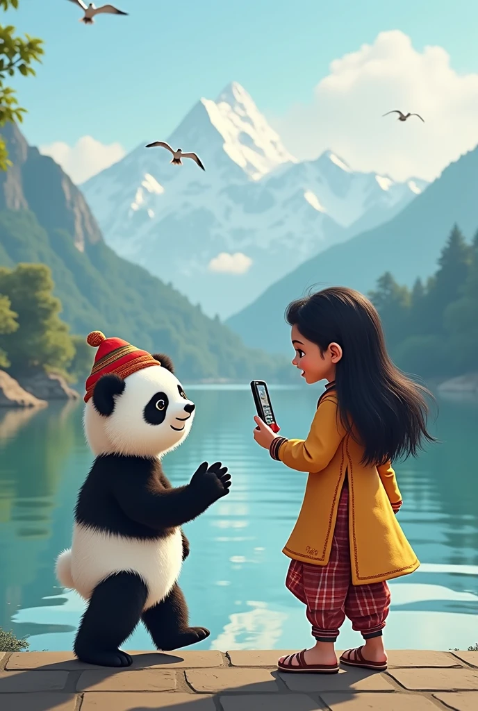 (a cute girl at the zoo, taking a picture of baby panda), backpack, large headphones, (Masterpiece, Best Quality, Highly Detailed), HDR, high dynamic range, sharpness, octane render, realistic, high contrast, disney, pixar
