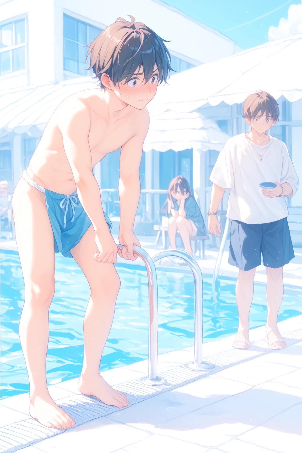 A young naked man seen from above swimming in an Olympic-sized pool is his friend is sitting on the edge of the pool looking at him