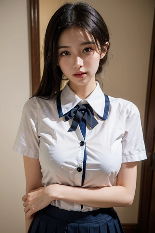 masterpiece, best quality, illustration, Super detailed, fine details, High resolution, 8K,wall paper, perfect dynamic composition,(Details High quality, realistic depiction of eyes:1.3), (Sailor Uniform, serafuku, Navy pleated skirt), large breasts,short bob hair, black hair color, Big Natural Color Lip, bold sexy pose, crying a little、cold gaze, Harajuku style、20 year old girl、cute type、lolita、beautiful legs, hotel room, hposing Gravure Idol, woman on top, straddling, sitting)
