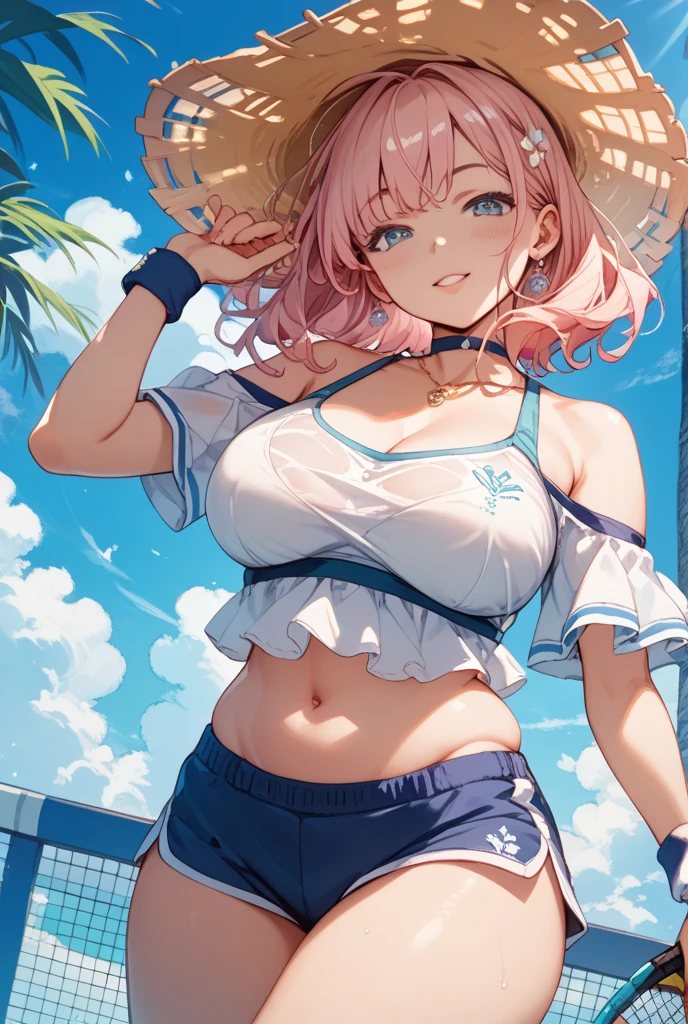 (((masterpiece))), ((highest quality)), ((Very detailed)), ((High resolution)), ((8k)), ((Anatomically correct)), One Woman, Short Hair, Big Breasts, (he is short), Very cute woman, delicate, Charming smile, Light pink hair, Bright Eyes, Big Eyes, Best moment, Vivid eyes, Beautiful Skin, Cute face, delicateな腕, Detailed skin texture, Intricate details, Very detailedな顔, Beautiful Eyes, Beautiful curves, View your viewers, Beautiful thighs, Sweating, I can see my belly button, Wear a bright light blue triangle swimsuit, Beach at night, barefoot, A big smile, Looking up, blush, Date with a lover, Denim shorts, Wearing Sandals, The sun is reflected in the background, Wink, Place your hands on your hips, Model standing, Beautiful standing posture, Open your mouth, Look into the viewer, Wink with one eye,