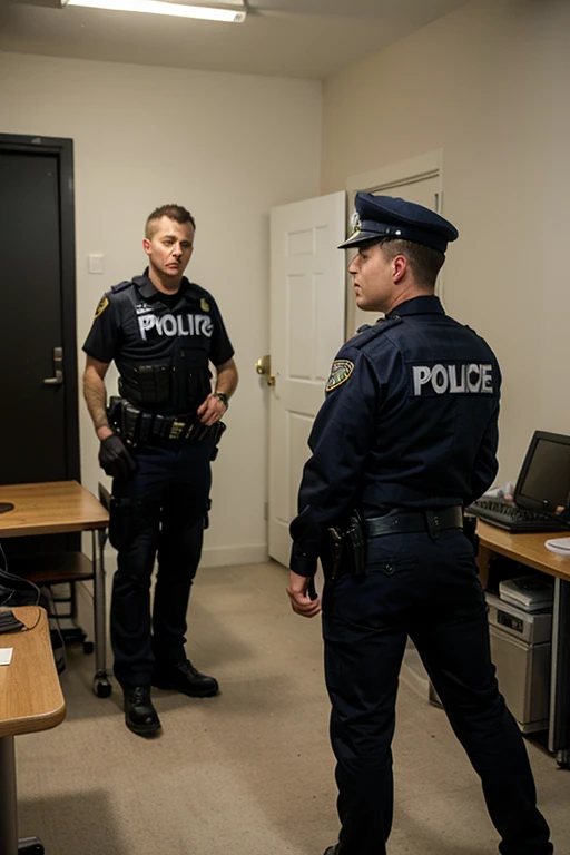 Create an image that reveals a police investigation room. Mostre pistas encontradas nas cenas dos crimes, como fotos, objetos e mapas. Convey the sense of tension as police approach the crucial discovery.