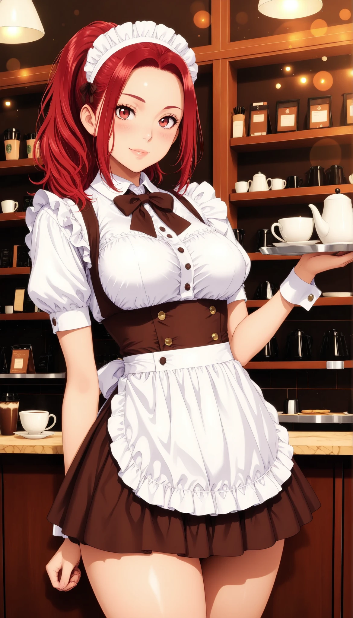 Semi realistic, solo, Maid Outfit, Standing Pose, low angle, Hold the coffee on the tray, ((cafe, Inside the coffee shop)), (フリル付きMaid Outfit, miniskirt), Smile Yan, 優しいSmile Yan, attractive eyes, glossy skin, Behaving Gracefully, Fine Gloss, parted 唇, Red hair, ponytail hair, blush, sexy portrait, Medium close-up shot, Hi-Res, precise texture, Delicate Details, Natural Shadows, sophisticated background, Warm Colors, Delicate Portraits, Digital Art, Picture, beautiful anime style, High Quality, 非常にHi-Res, (最High Quality), (ultra-detail:1.2), Hi-Res, Aesthetic Expression , ultra-detail, realistic, Cinematic, masterpiece, Beautiful CG illustrations, sharp outline, Background bokeh.