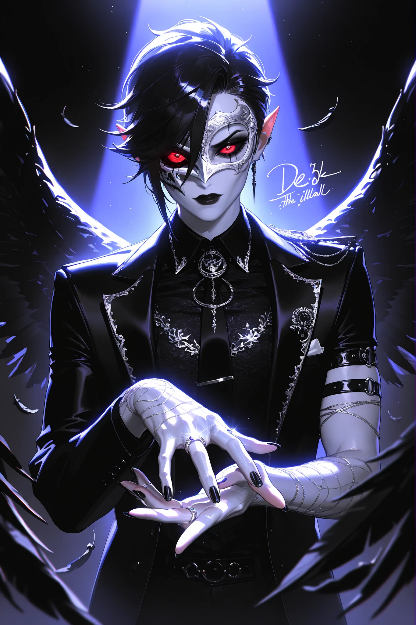 (masterpiece, detailed:1.2),(tangobat:0.7),(Sakimichan:0.7)(High CT quality,4k,High resolution,main piece:4.3),Very detailed,Realistic:1.37,Best quality,masterpiece, high resolution,on_body, Tyndall effect,photorealistic, Edge lighting, Two-color lighting,(high definition skin:4.3), (8K UHD, DSLR quality, soft lighting, high quality, surround lighting, sincere, de 8K , 4K, 8K.) (white mask,xxx667_illu,) The crow beastman (MALE CHARACTER WITH MALE BODY TYPE). The tall mighty MIDDLE AGE MAN broad-shouldered with masculine features. He has white skin. He has dark makeup on his face in the form of a stripe in the eye area. He has short slikken back jet-black hair,his shortcut hair was combed back. Eerily red eyes. pointed ears with black feathers. He has huge black crow wings behind his back. He has black nails with one silver wedding ring on his arm. He is dressed in male three-piece black suit: jacket , vaist, black shirt, and men's tie decorated obsidian black crow feathers. He wears a Carnival of Venice black raven half-mask on his face. He has a stern/angry expression full of hatred. On the background: Ball hall in art Deco style, Masquerade ball.