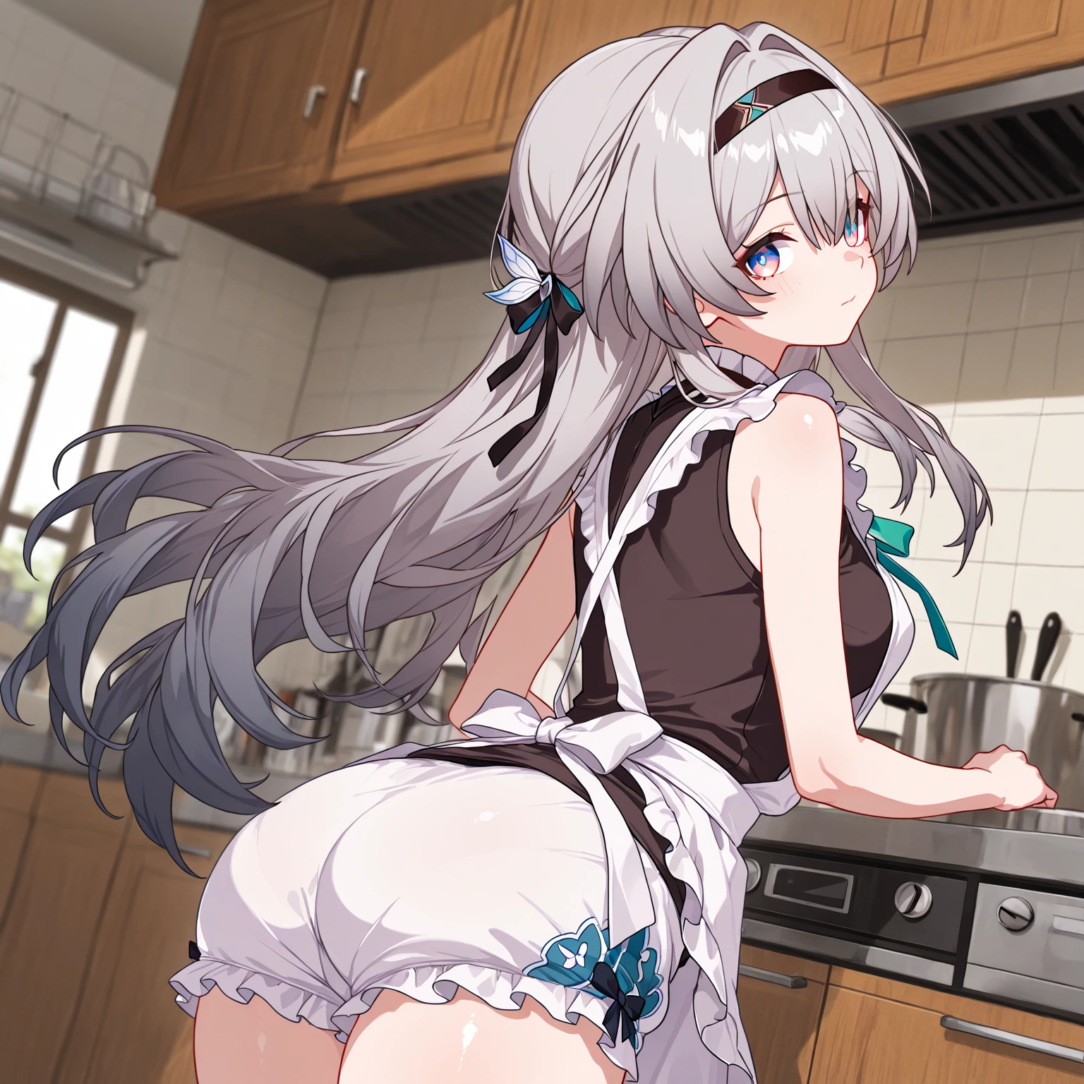 Masterpiece, teen, surprising face, white hair, looking back, blue eye, surprise, up skirt, beautiful pussy, home, without underpants, shaved pussy, erotic, version from back, short dress, bend over, hentai, horny