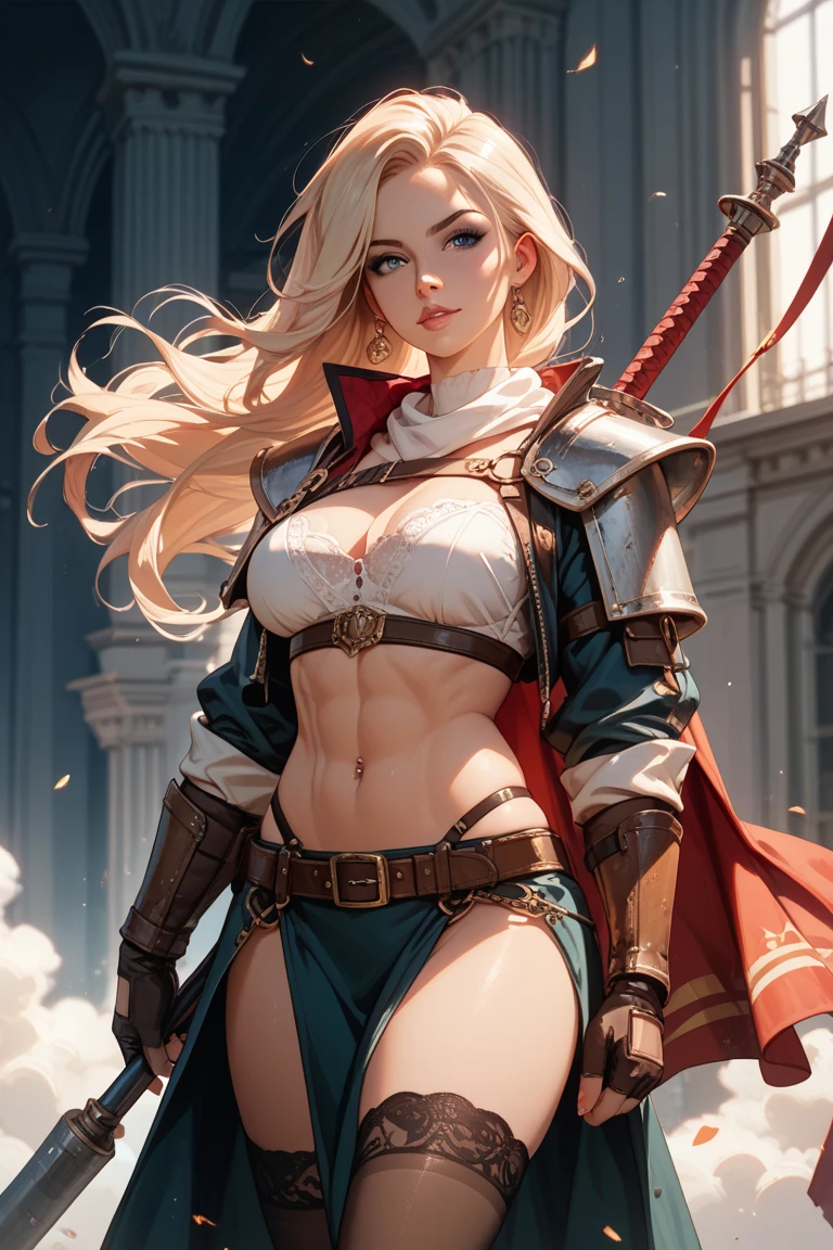 female warrior, abs, breasts, very muscular body, single, solo, slim waist, full body, cute face, white hair flowing in the wind, thick armor, belt, gloves, boots, long blue cloak, armor shining in the sunlight, holding a sword, muscular girl, strong and defined muscles, athletic appearance, fit and toned figure, sweat glistening on her skin, powerful stance, dynamic pose, (best quality,medium,highres),an enchanted forest in the background, vivid colors, fantasy style