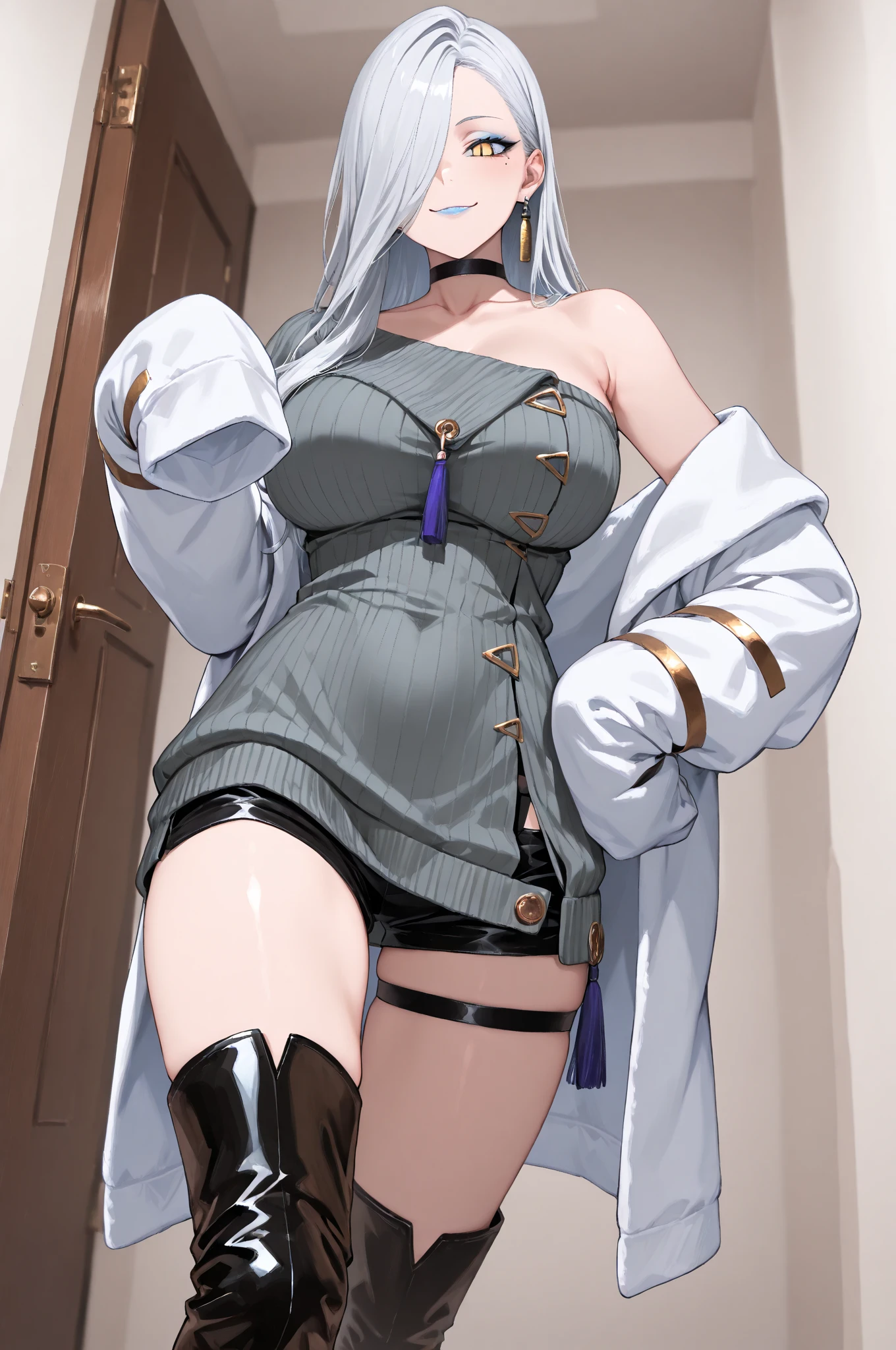 nsfw, 1girl, pussy, Hairless Pussy, breast, medium breast, spoken heart, from below, embarrassed, ashamed, best quality, perfect anatomy, bloom, character focus, close to viewer, closed eyes, open mouth, no clothes, amelia_casual, amelia watson, monocle hair ornament