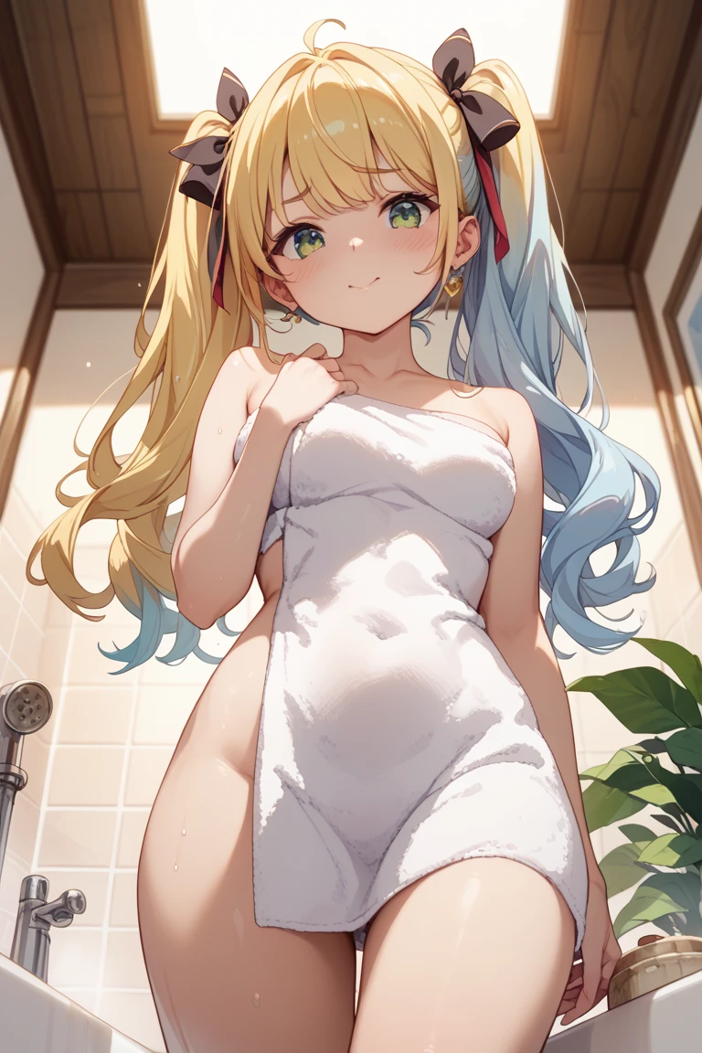 (masterpiece:2), (extremely fine and beautiful:1.3), (16 K:2), (completely nude:1.6), (medium breasts, firm breasts, Nominal body type, early teen body shape), (pussy crack, nipples:1.6), (cute little), (embarrassed, blush, in heat, sexy mood:1.8), (troubled face), Correct anatomy, Good anatomy, (The ultra -The high-definition:1.3), (Ultra HD), ((highly detailed, Very detailed and beautiful, Very detailed and beautiful)), (luminism, at a shower room:1.3), white body, (Looking from below:1.4), Kazama Iroha, IrohaBase, hair ornament, hairband, light yellow hair, light blue eyes
