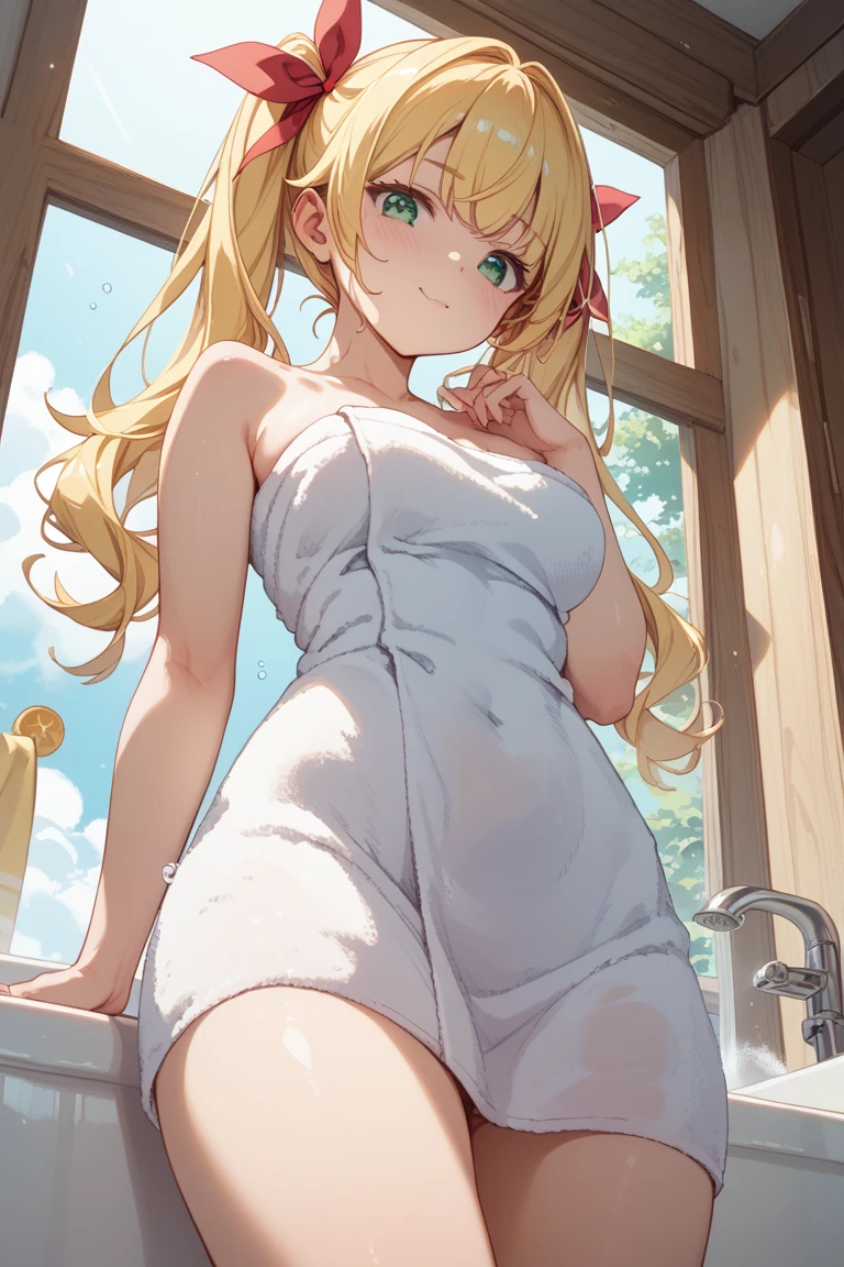 (masterpiece:1.4), (best qualit:1.4), (high resolution:1.4), anna of arendelle, long hair, light smile, blush, sweat, steam, <lora:anna_of_arendelle_v2:1>, aftershower, wrapped in a towel, sauna <lora:clothing_AfterShower_v1.1:0.8>