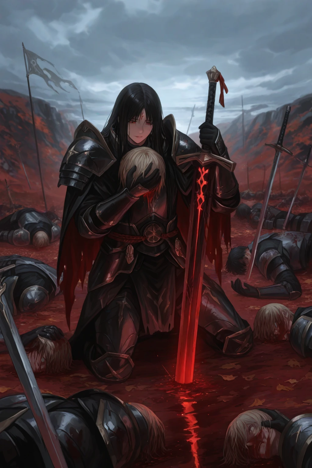 Young man, blonde hair with braids, red eyes, wearing armor with tubes of blood all over his body, evil look
