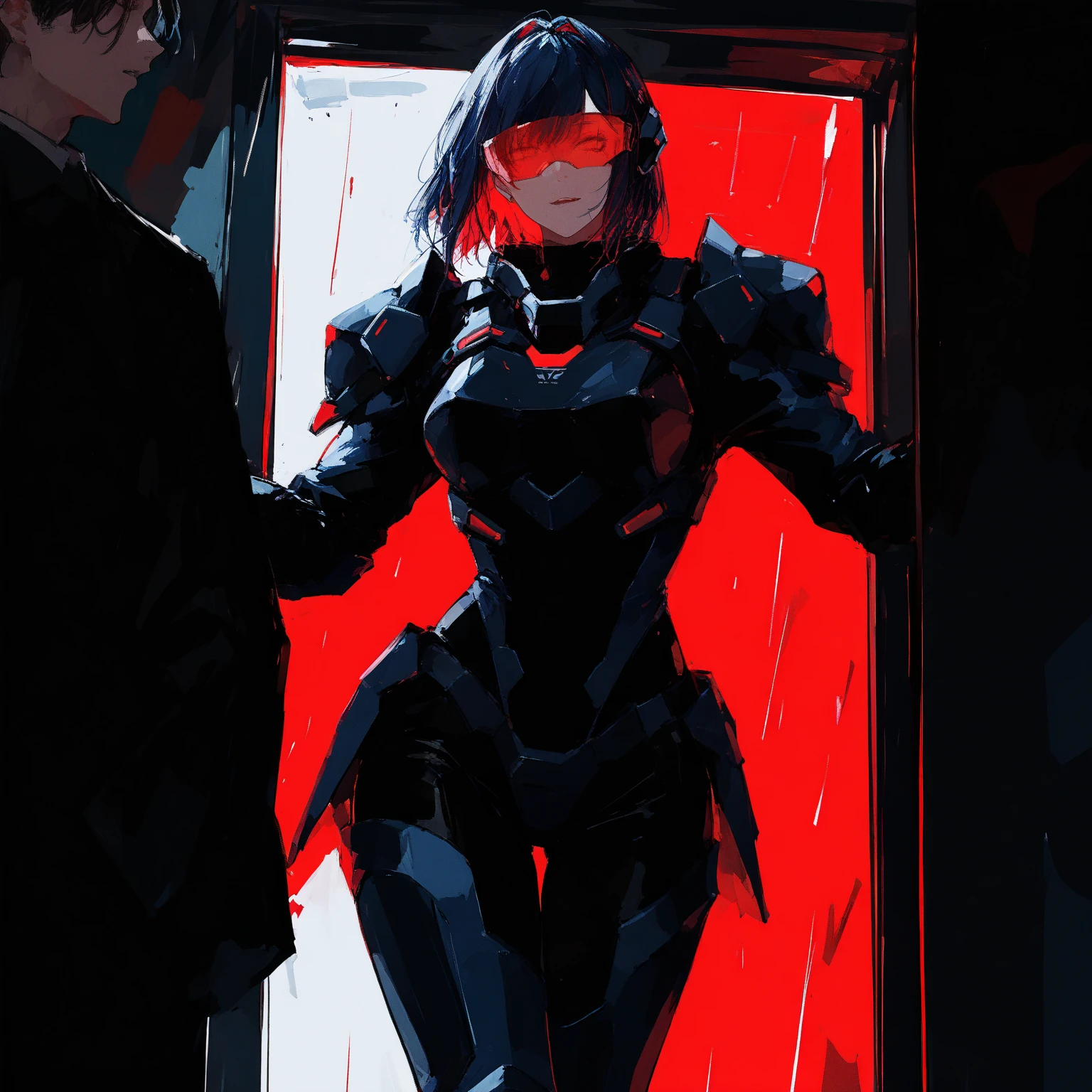 (Masterpiece), wearing biofusion armor, best quality, 1 girl, pale skin, black hair with evil smile, messy hair, red eyes, glowing eyes, creepy, creepy smile, crazy expression, blood on face, blood on clothes, walking, falling, hanging arm, loose arm, hospital, corridor, darkness, lighting, creepy, scary, flashing lights, blood, horror, dim light