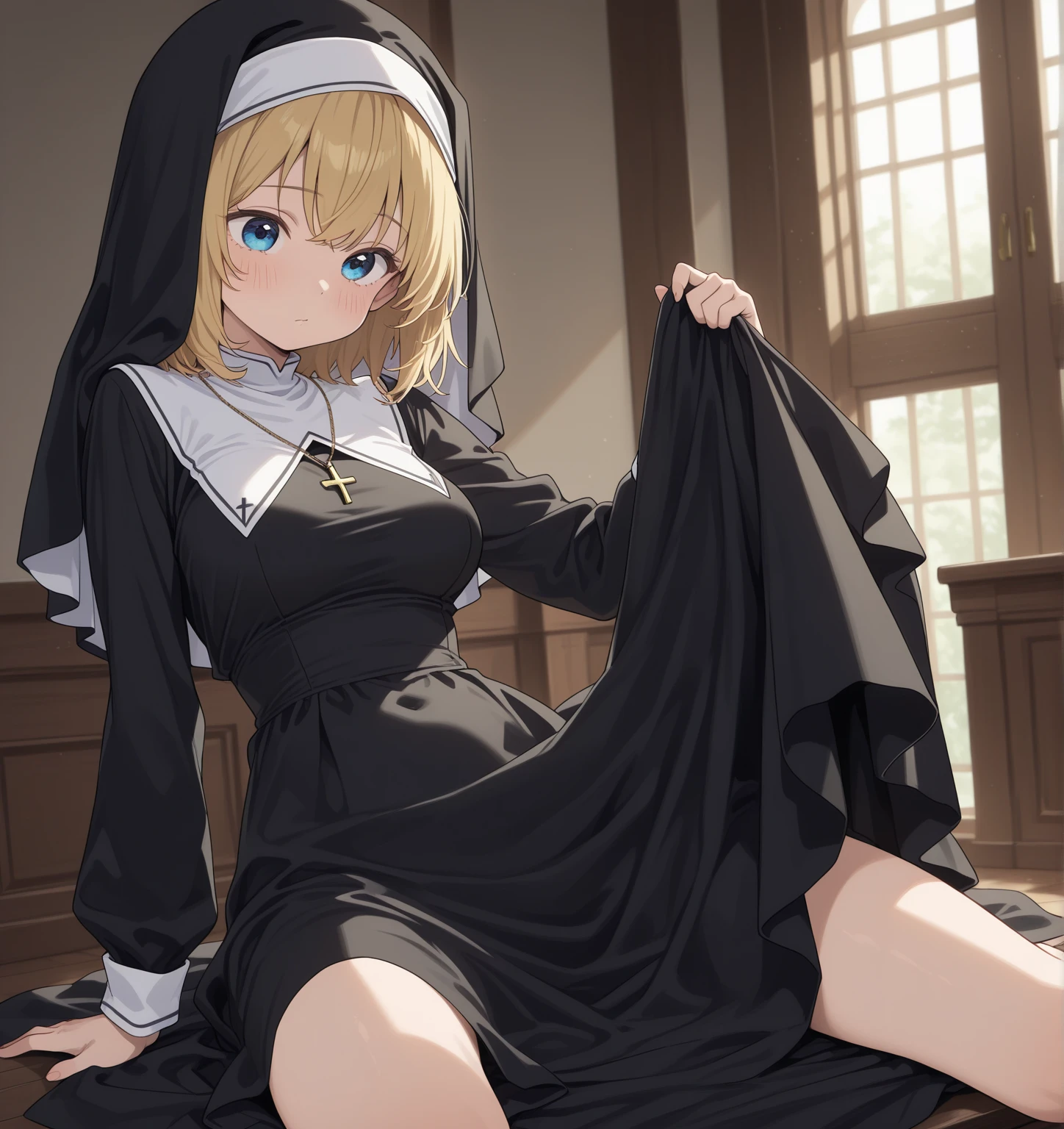 Beautiful girl in Catholic religious nun outfit with long sleeves