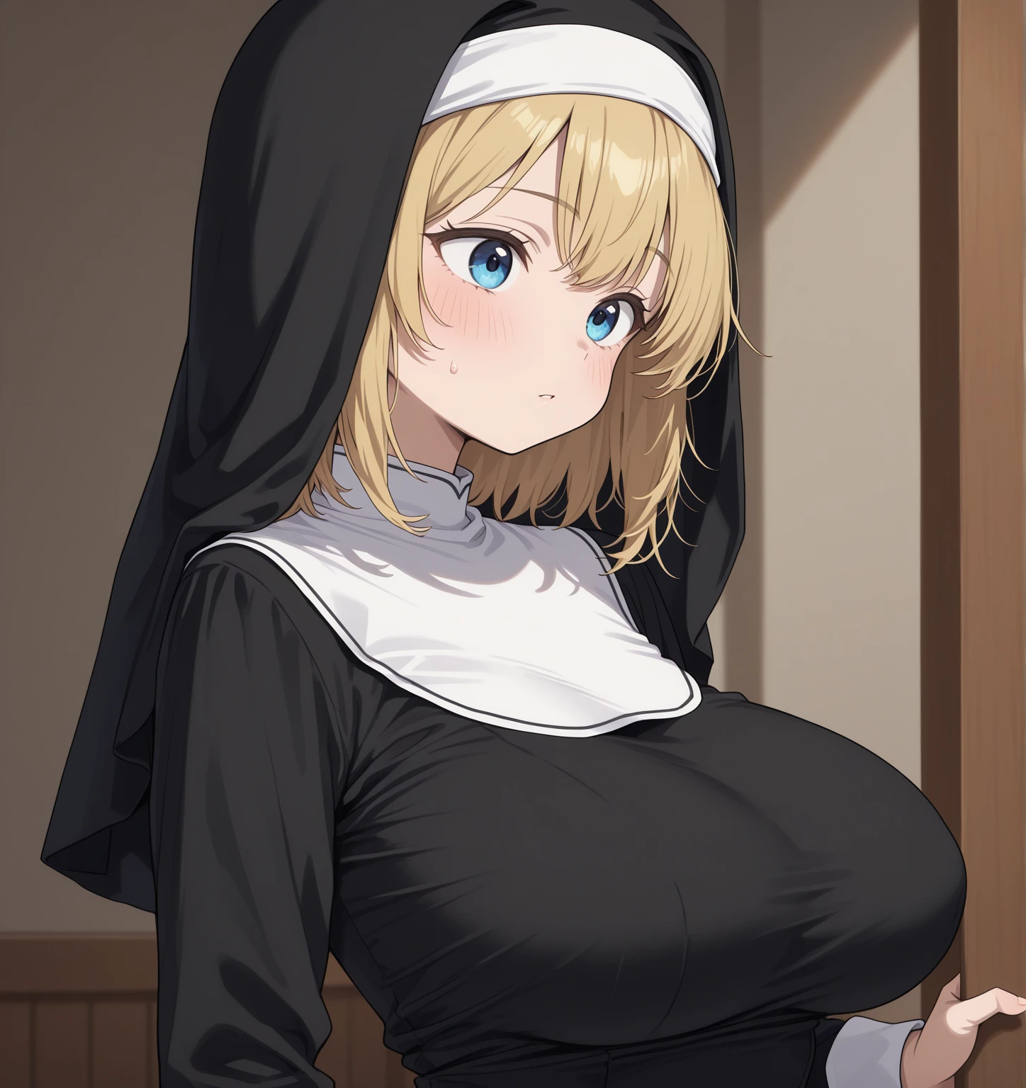ariana grande in closet, pews in background, sexy nun outfit, big breasts, (big breasts:1.2), cleavage, holding prayer beads, and demon ,raping  nun