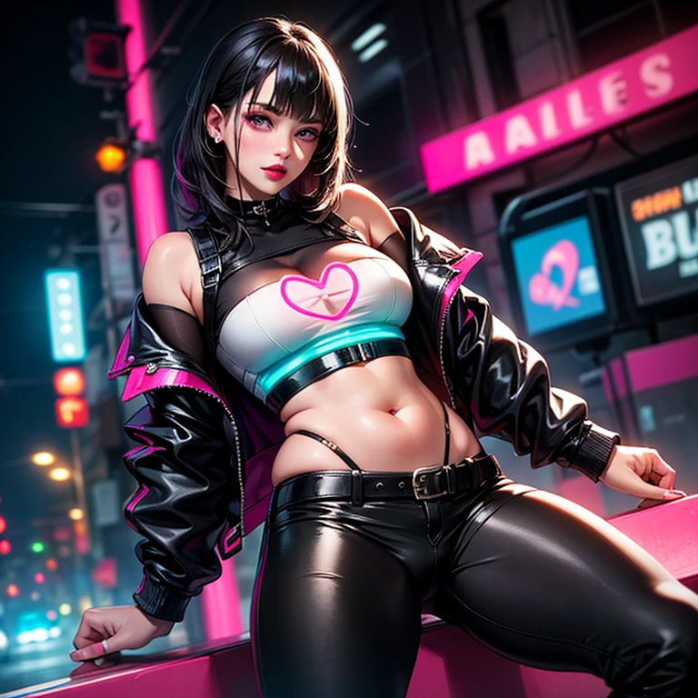 (masterpiece), best quality, ultra high res, beautiful clean face, 1girl, teenager, wearing techwear jacket and black trousers with buckle and tape, sitting on a rooftop, cyberpunk hairstyle, night city cyberpunk style , neon lights,  ulzzang-6500-v1.1