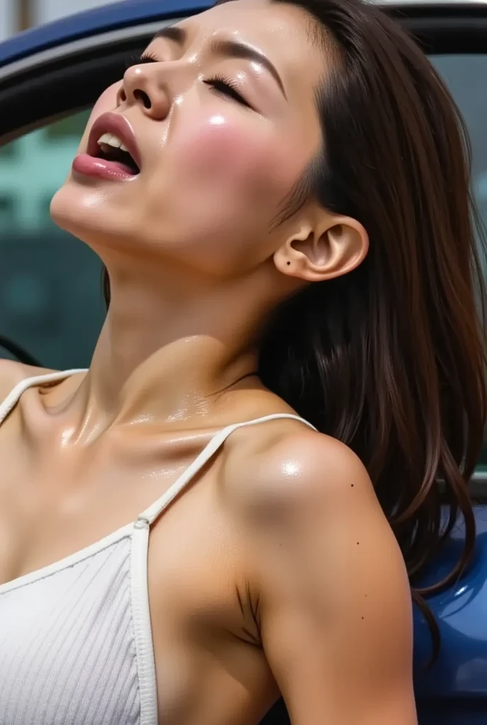 masutepiece,award - winning photo, Extremely detailed, edgOrgasm, Woman with mouth open and eyes closed , Chiseled face、Tank Tops、sharp nose、elongated nostrils、Skin shiny with sweat、Illumination that emphasizes shiny sweat{Realistic nostrils}, A dark-haired、On a park bench、You can see children playing in the park、There are a lot of people in the background,There are several children nearby、well-shaped breasts、Sweat,Face shining with sweat、Skin shiny with sweat、