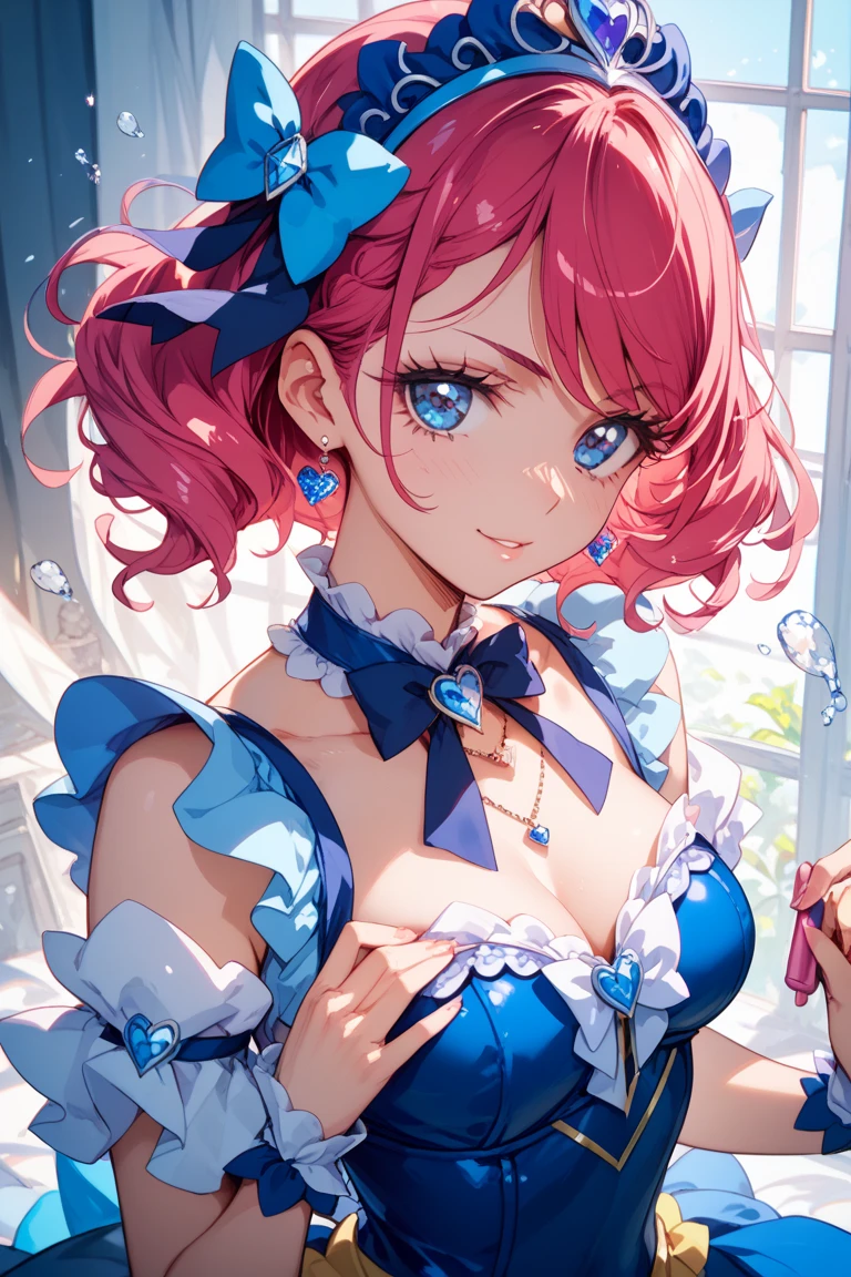 (((masterpiece))), (((best quality))), (((ultra detailed))), ((an extremely delicate and beautiful)), (unity 16k wallpaper), (Moe anime art style:1.3), 
BREAK
(((solo princess young face))), (18 years old), (huge breasts cleavage focus), sweat on the chest, 
BREAK
(hair pink ponytail fluffy:1.5), Curly Hair, (Expressive hair), (very voluminous long hair), Spreading hair, bangs, Beautiful tiara silver and jewels, 
BREAK
(((super delicate and beautiful face))), ((hyper detail delicate beautiful blue eyes)), ((beautiful lips)), (face focus), beautiful smile, 
BREAK
((((Gorgeous rococo ballgown dress shiny taffeta fabric dark blue:1.5))),  ((with long hem and voluminous hoop skirt at full length)), ((and over skirt with plenty of frills and luxurious embroidery and precision lace fabric)), 
BREAK
(((A princess climbing the grand staircase))), ((cowboy shot)), (leaning forward:1.1), (head tilt:1.1), (from below:1.1), looking down, (depth of field:1.9), (backlighting:1.3), (light sparkles), Rays of light coming from stained glass, 