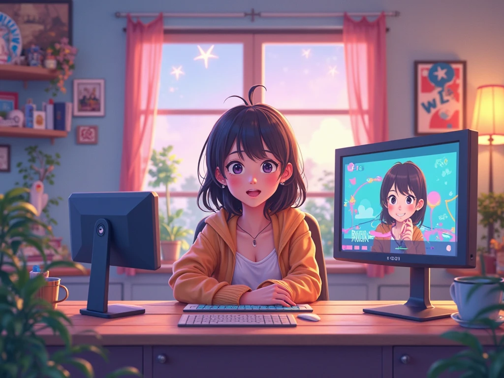 Cute lofi girl in front of his computer in her cozy and messy room, unreal engine 5 render, gorgeous lighting, pastel pink hues, 8k render, realistic scenic render.