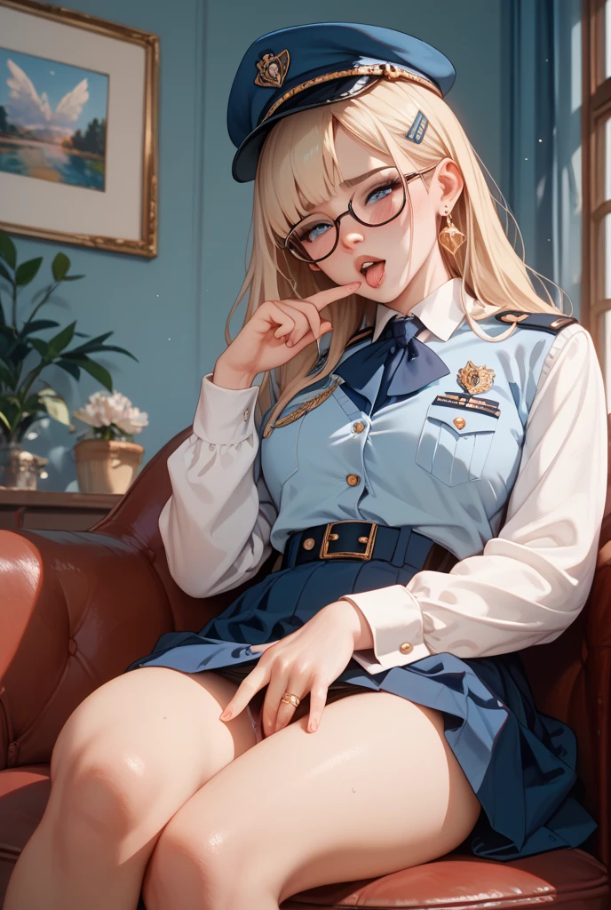 (((Chest exposed from disheveled uniform)))、((((seduce with sexual services))))、Nipples protruding from the bra、((((sitting and spreading her legs))))、((a blond))、beautiful  Girl、Large beautiful breasts、cleavage of the breast、A slender、オマンコ、((((Seduction while being shy))))、(((covered in cum)))、(((s Office)))