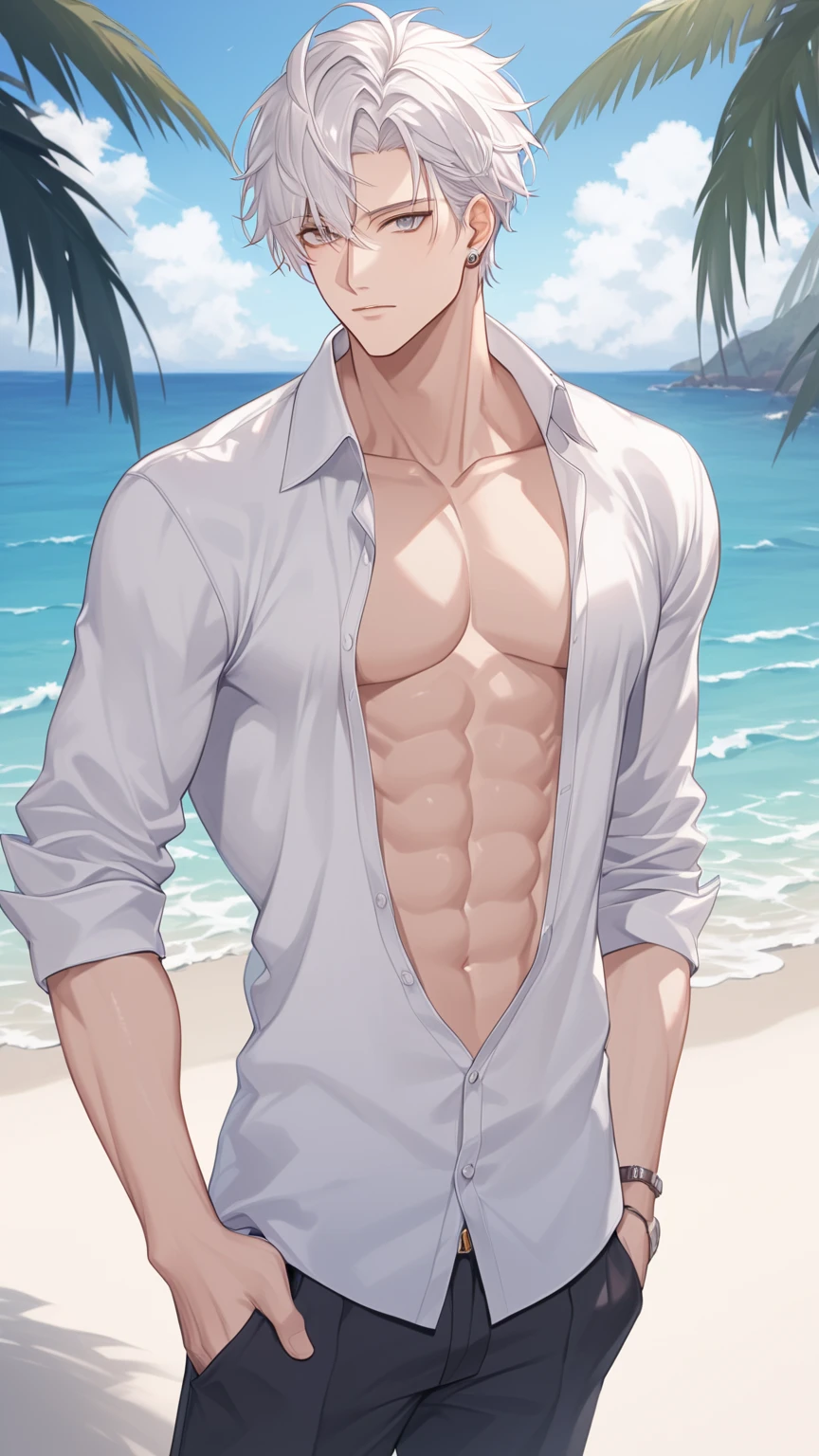 Handsome young man surfing on the beach while smiling with sunglasses without shirt and has 6 packs abs and is wearing black shorts