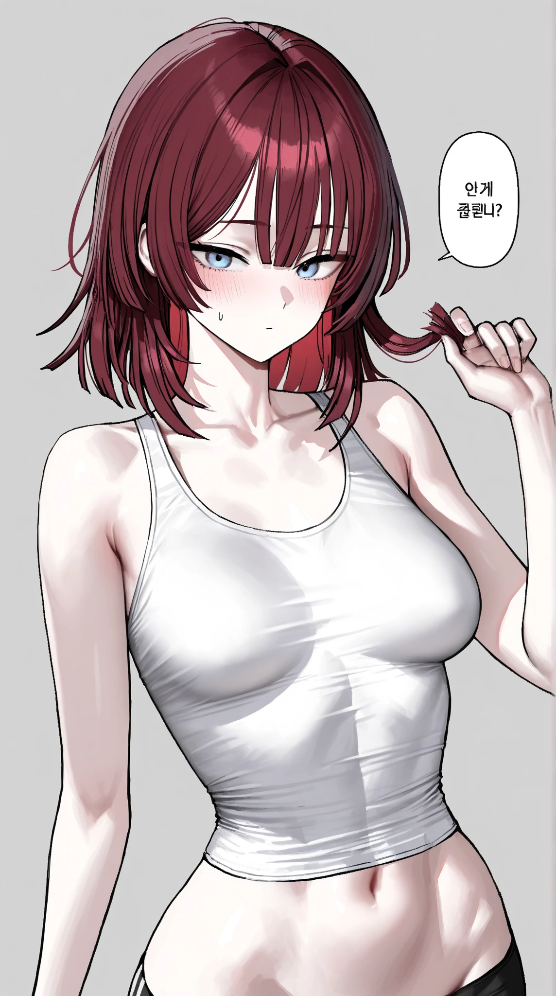 (masterpiece, best quality, high resolution, animescreencap, anime colored,), (perfect anatomy, beautiful detailed eyes, beautiful detailed body, beautiful breast, shiny skin), a sexy mature anime lady standing,((white panties,lace trim,lingerie,lace trim legwear,white lace)), shiny thighs, looking at viewer, side bangs, red hair,orange eyes,ringed eyes, braided ponytail, side bangs, medium breasts, medium chest, indoors, room, lampshade, mini table, ((sweaty body)), wet skin, show both armpits, arms behind head, sweaty armpits, erotic pose, looking from down below
