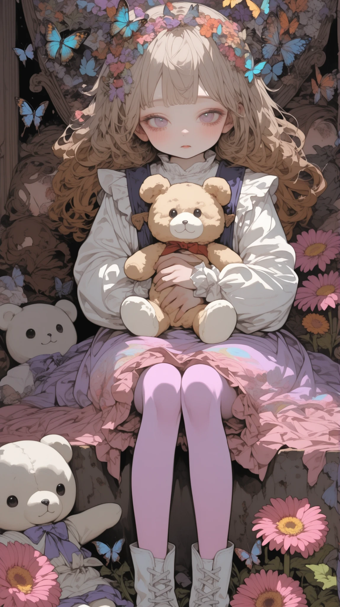 holding a big brown stuffed animal。the character gently hugs the stuffed animal、gerbera、angel, wing、detailed face、thin, long legged kindergarten child,Butterflies on background,burnt feathers and ash、little boy who is cm tall、pink tights、white boots、angelの舞踏会 ,Hallucinatory Art 、 dmt The Beginning of the Ego、 psychedelic 、 highly detailed fantasy art 、Light Purple Dress
