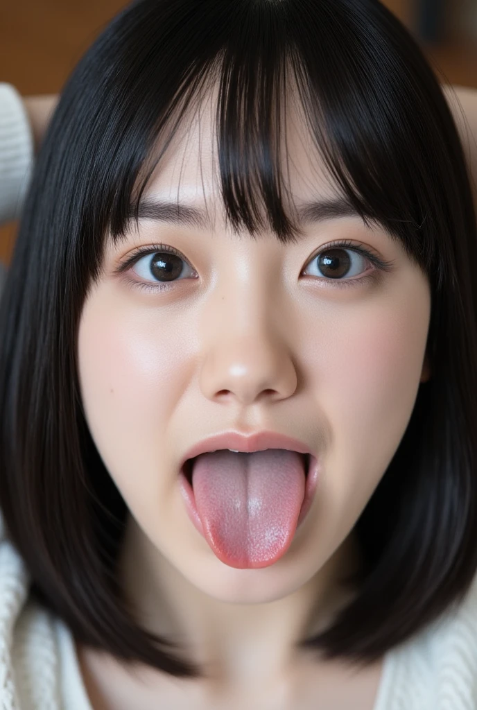 (8K, RAW photo, highest quality, masterpiece: 1.2), Super detailed, super resolution, (genuine, genuine photos: 1.37), portrait, High-definition RAW color photo, professional photos, 非常に詳細で美new, very detailed, 8k wallpaper, amazing details, huge file size, official art, very detailed CG Unity 8k wallpaper, very detailed beautiful girls, very detailed facesHighly detailed eyes, Very fine skin, very thin fingers, very small nose, very detailed detailed mouth, perfect anatomy, detailed background, Fine clothes, one girl, 20th generation, cute girl, genuineistic body, white skin, glowing skin, handsome body, black hair, cute, like々new, cute face, genuineistic face, delicate eyes, That kind of thing's eye Horiwa's old camera gaze, ((facing the front:1.331)). put your hands behind your head, hair pulling pose, very detailed white skin), (Chubby),、troubled face, excited face, ((japanese school uniform)), unbearable face, leaky face、((Open your mouth wide and extend your tongue:1.3))、(((Straight in front:1.42)))、See here:1.3.smile、((White pillow under the head:1.4))、((knit it:1.48))、((bangs:1.46))