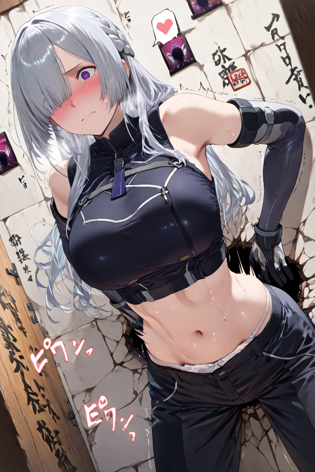 (absurdres, 8k, 4k, masterpiece, hyper extreme detailed:1.2), a lot of girls ,girls, front view, portrait, best quality, perfect face, 1girl, portrait, solo, standing, Female, toned body, mature female, EJP breasts, , long hair, delinquent, sarcastic, swept bangs,gag, bar gag, standing up, , prison, (Futuristic, severe), woman wearing a straitjacket, white straitjacketwhite rough hair,Full body restraint,lap belt,gagged,bitgag, Restraint belts here and there ,arms bound, Confined,Red face, prison( Woman in the center of the prison),in the jail,(arms behind back:1.5),dark background