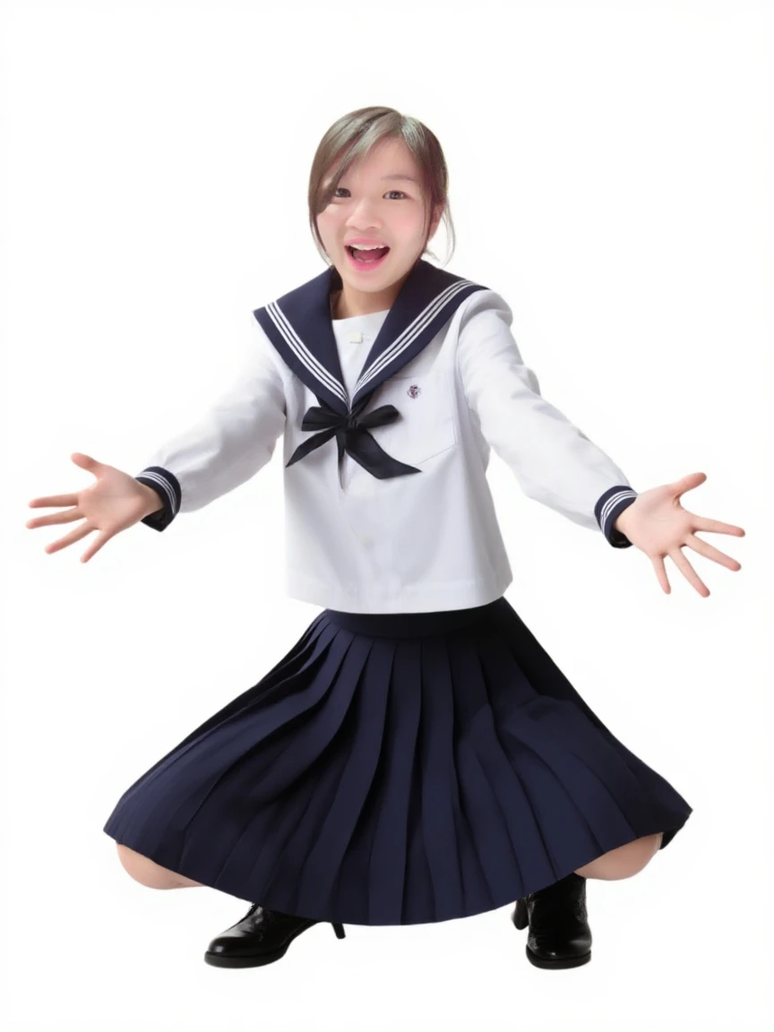 A neat and tidy elementary school student、(school uniform、Sailor suit、A red ribbon tied around her chest、Summer clothes、The upper body is white、The skirt is navy blue)、School classroom、(slim)、Realistic、detailed, Skin Texture, 超detailed、Delicate and sexy collarbone、A sloppy smile、スーバーdetailedな顔、detailed唇、detailedな目、Small breasts、Small breasts、、Small breasts、Flat Chest、Bright Face、((Are standing、White and light blue striped panties are visible、Both hands are on the thighs、Put both hands on your skirt、Pull down your skirt with both hands、She is unzipping her skirt with both hands.))、Twin tails、Top View、8-year-old