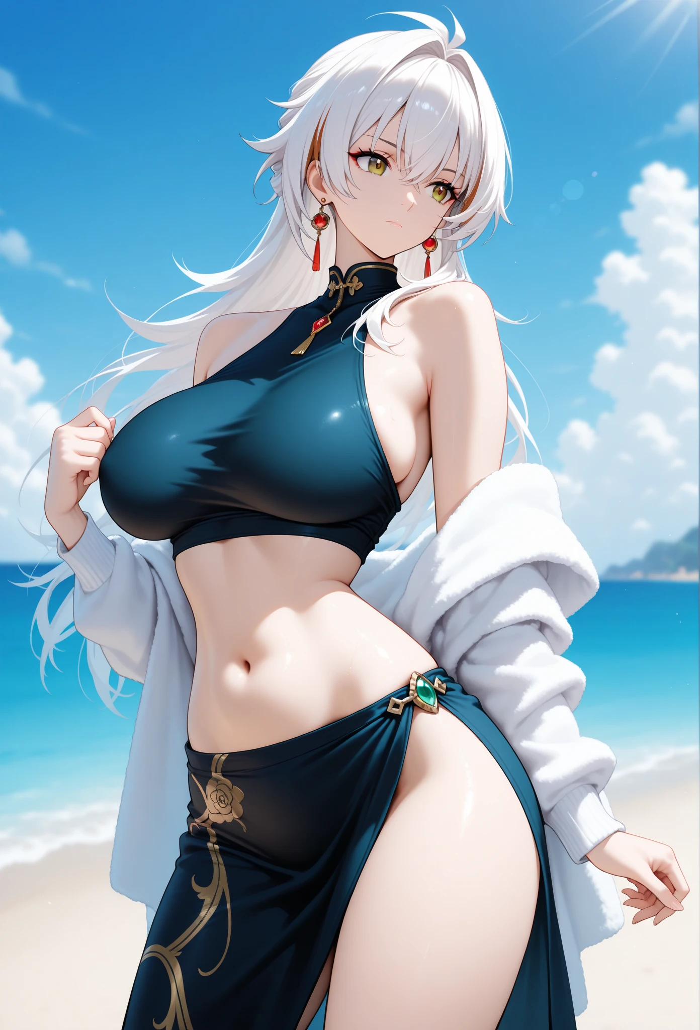 Obra maestra, 4k, La mejor calidad, Selvaria, bikini negro, Bikini de corbata lateral, Playa, Mar, sombrilla, sentada, Mirando al espectador, ruboroso
