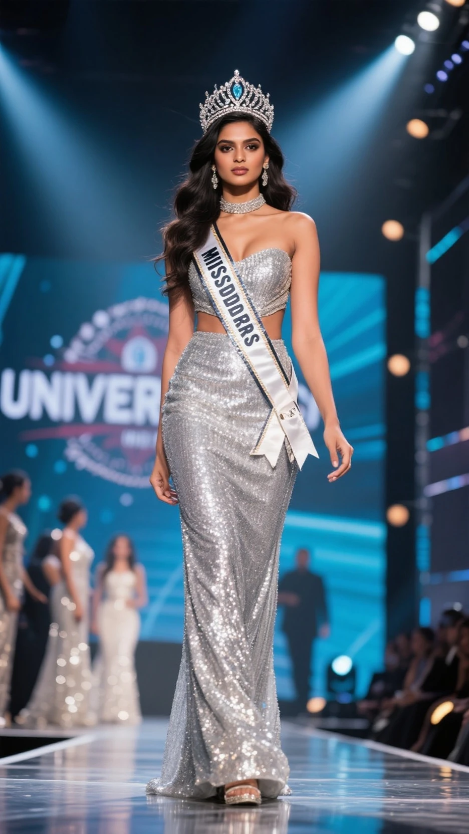 Miss universe, silver long kebaya brookat dress, at miss universe stage, wear crown, elegant, beautiful, 38 C huge boobs, slim, don't smile, sexy vibes. Sharp eyes, cool, bold make up. Sash Miss Universe 2026.