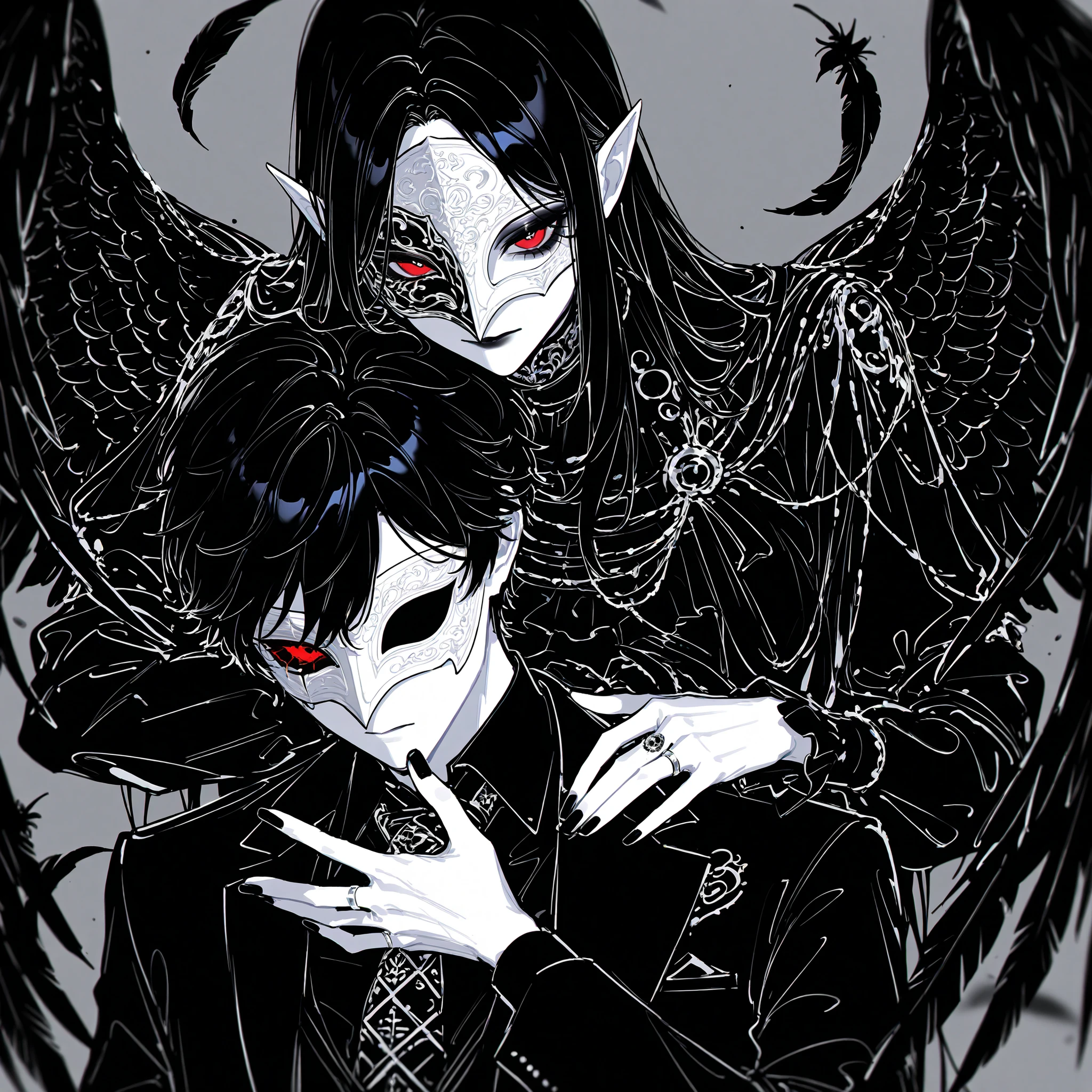 (white mask,xxx667_illu,) The crow beastman (MALE CHARACTER WITH MALE BODY TYPE). The tall mighty MIDDLE AGE MAN broad-shouldered with masculine features. He has white skin. He has dark makeup on his face in the form of a stripe in the eye area. He has short slikken back jet-black hair,his shortcut hair was combed back. Eerily red eyes. pointed ears with black feathers. He has huge black crow wings behind his back. He has black nails with one silver wedding ring on his arm. He is dressed in male three-piece black suit: jacket , vaist, black shirt, and men's tie decorated obsidian black crow feathers. He wears a Carnival of Venice black raven half-mask on his face. He has a stern/angry expression full of hatred. On the background: Ball hall in art Deco style, Masquerade ball.