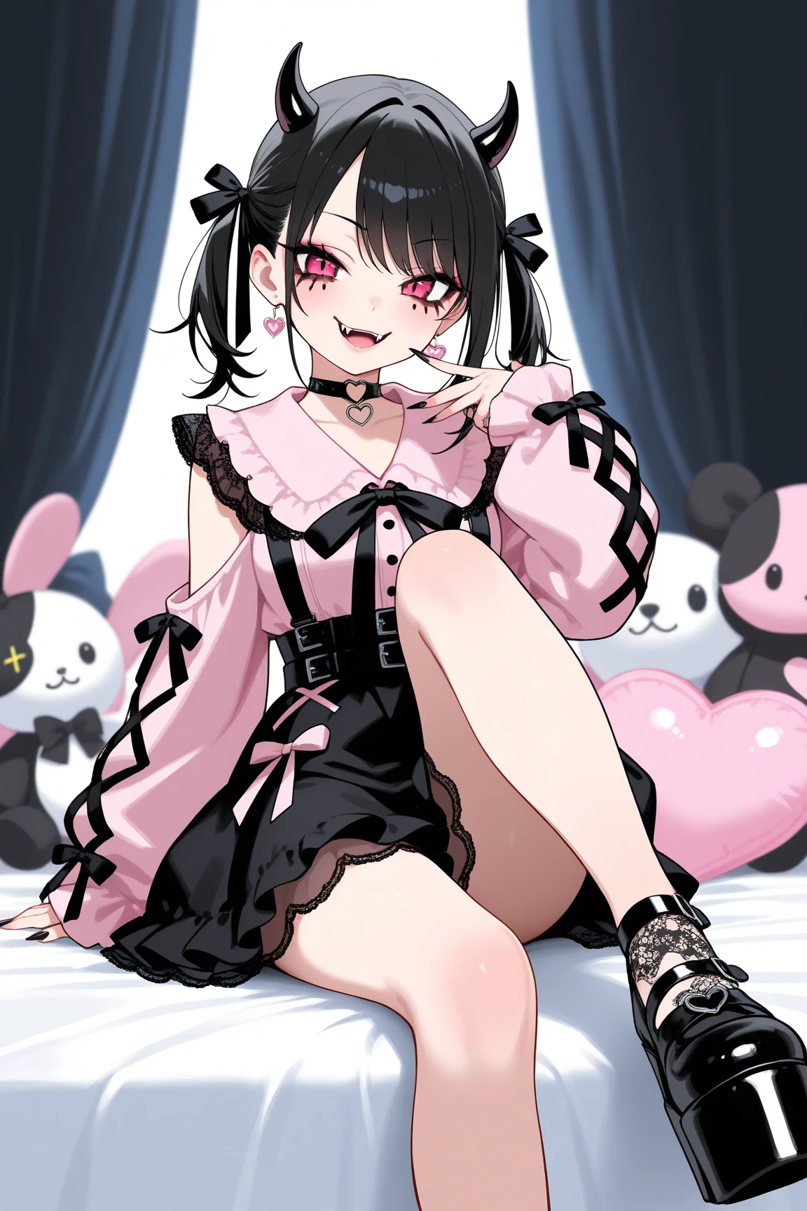 NSFW,"Create masterpieces with the highest quality, High resolution, Featuring a character named Hmmarnie. She has striking aqua eyes、wearing a black choker, red ribbon, and a jeweled pink dress and pink lace panties. she also、Has open clothes and a black jacket with long sleeves. she is cute sitting, look at the viewer. The composition should emphasize her exquisite legs to the viewer. In the background、Must show castle walls covered in vibrant graffiti.",shy face