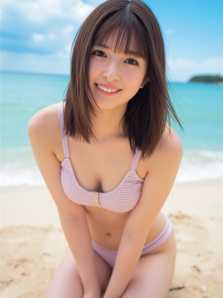 1girl, 25 years old woman, cute face, Small breasts, medium breasts, beautiful face, (((I can see your thighs))), Slim Body, (perfectly detailed face), ((looking at viewer)), White skin, light smile, (bright lighting:1.2), perfect lighting, Random sexy gravure poses, ((Beautiful woman in a White bikini)), (((A deserted beach))), (hyperRealistic:1.3), Sitting, Hot summer day, photorealistic, (bokeh), (PhotoRealistic:1.4), UHD, anatomically correct, highres
