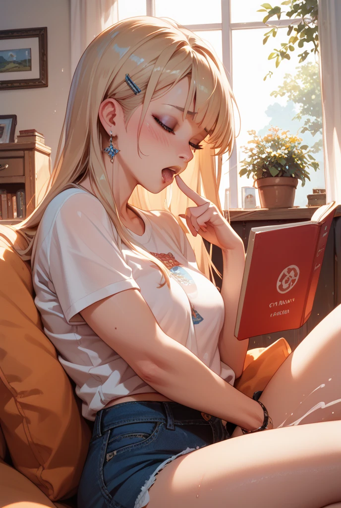 (masterpiece, best quality:1.2), solo, Android 18 from Dragon Ball, ((white slip-on crop top)), ((light gray dolphin shorts)), thighs, midriff, small breasts, blonde hair, (single hair bun), ((blue eyes)), earrings on earlobes, slender feminine figure, narrow waistline, skinny body, reading book, cleavage, off shoulder, light blush, indoors, chill, cafe, couch, ice coffee, window, organized, simple, white-based interior, a few plants, rain, cloudy sky, magnificent view, blur background, 4K, 