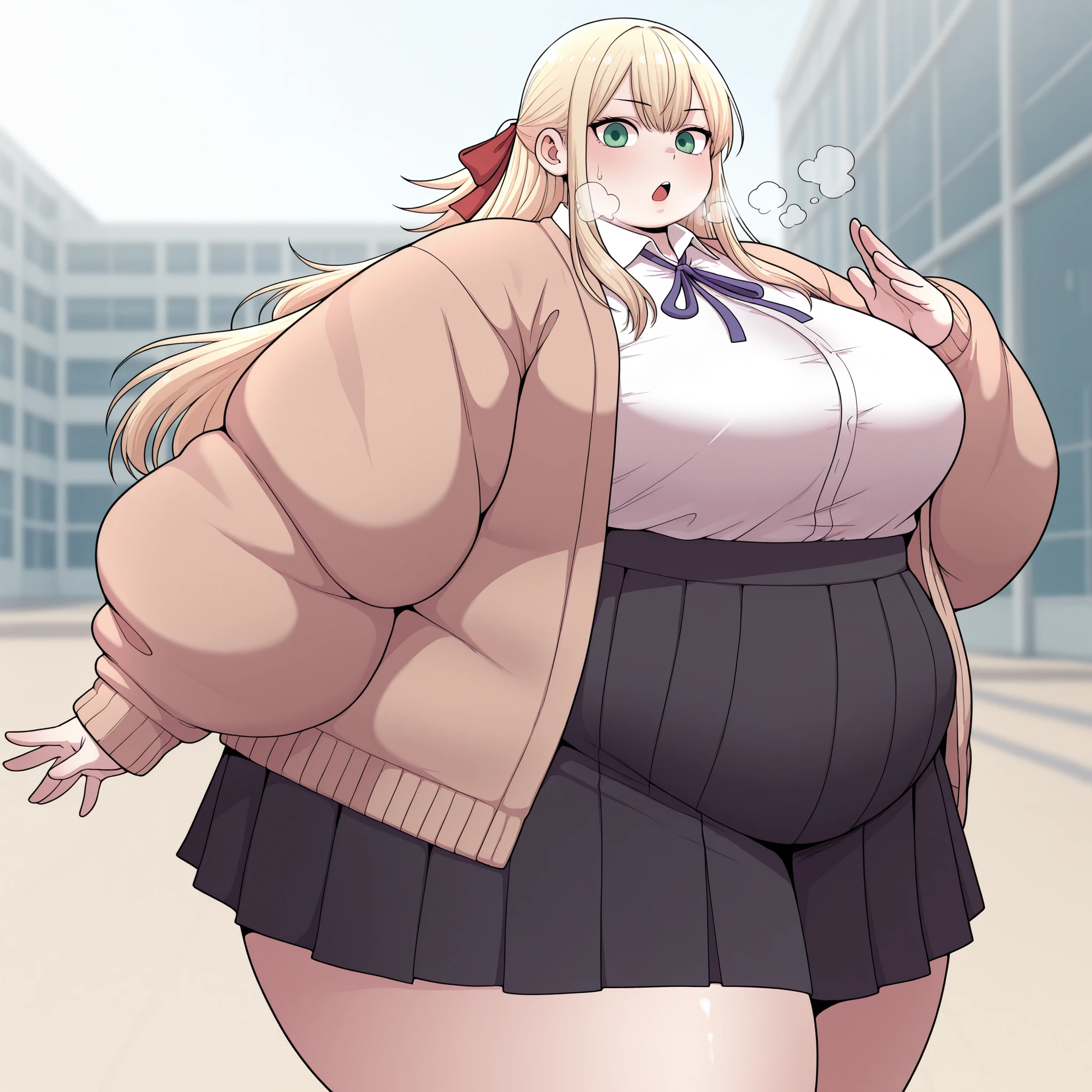 masterpiece, 4K, best quality, full body, obese 1girl, bangs, fat body,black choker, black necktie, blonde hair, blue skirt, blush, bracelet, breasts, choker, clothes around waist, collarbone, collared shirt, cowboy shot, dress shirt, ear piercing, eyebrows visible through hair, gradient hair, grin, gyaru, jewelry, kogal, long hair, looking at viewer, loose necktie, necktie, piercing, plaid, plaid skirt, pleated skirt, red eyes, ring, school uniform, shirt, skirt, smile, solo, white shirt, street, sky, cherry blossoms, petals,illustration, (magazine:1.3), (cover-style:1.3), fashionable, woman, vibrant, outfit, posing, front, colorful, dynamic, background, elements, confident, expression, holding, statement, accessory, majestic, coiled, around, touch, scene, text, cover, bold, attention-grabbing, title, stylish, font, catchy, headline, larger, striking, modern, trendy, focus, fashion,, obese belly, obese arms, thick thighs, obese neck, big cheeks