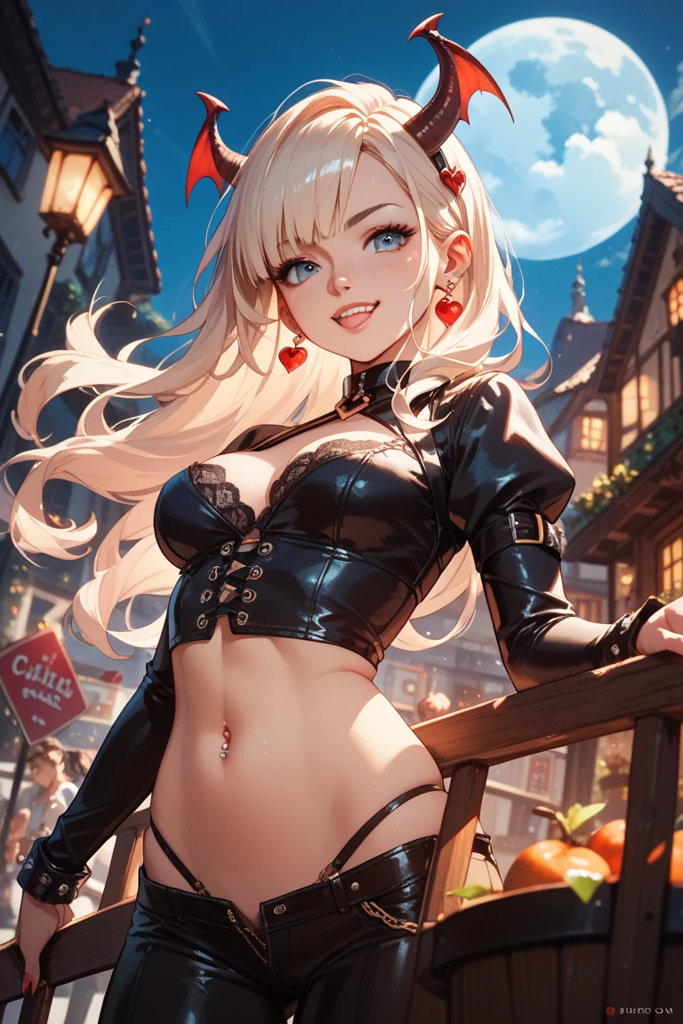 (highest quality:1.2, Very detailed, up to date, Vibrant, Ultra-high resolution, High Contrast, masterpiece:1.2, highest quality, Best aesthetics), Portraiture、girl、slim, Bright colors、Beautiful fine details、Beautiful lip detail、long hair, ((wavy hair:0.4))、messy hair, blonde and blue ((streaked hair:1.3)), highlights hair: 1.3, (medium breast:1), (tan skin:1.3), ((sexy succubus:1)), black costume, smile, devil's horns, night, moon light, old mansion, (Many bats are flying behind), (cowboy shot:1.3),