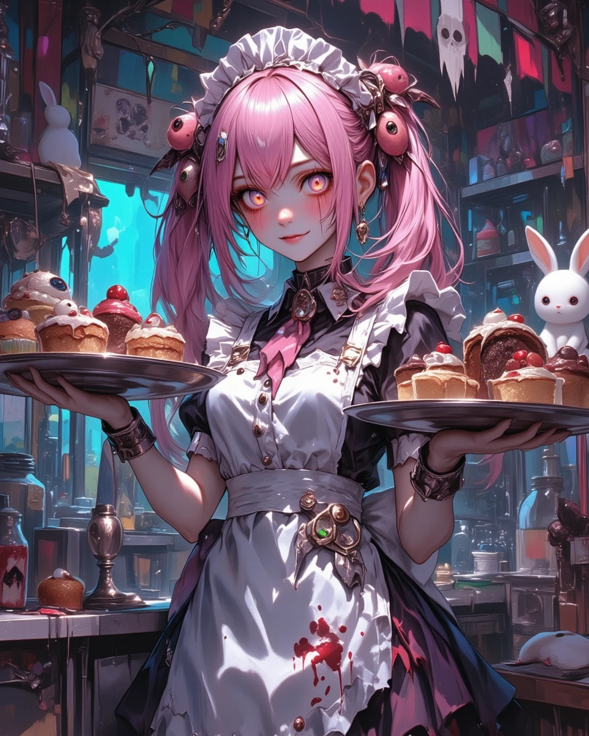 official art, unity 8k wallpaper, ultra detailed, beautiful and aesthetic, High quality, beautiful, masterpiece, best quality, (zentangle, mandala, tangle, entangle:0.6), flat color, limited palette, low contrast, 1girl, a cute girl serving cake to demons, pink, bright pastel colors, kawaii, (horror), eerie, rabbit skull, goat skull, in hell, creepy, demons, claws, best lighting