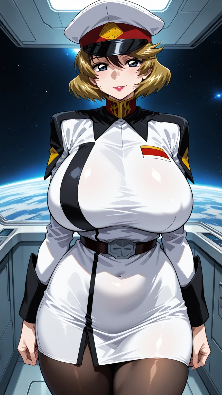 Salvatore,red eyes,pointy ears,ponytail, short hair, standing, hands to side, stern look, upper body, solo,
SalvAtt, cleavage, black military uniform.thighhighs,necktie,white gloves,long sleeves with cuffs,military hat , red armband,
open military base, outer space, stars,
(insanely detailed, beautiful detailed face, masterpiece, best quality) <lora:Salvatore:0.7>