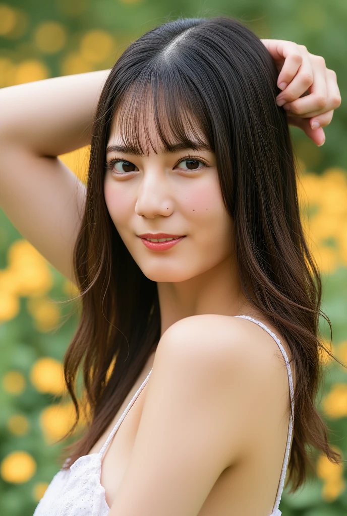 (((unity 32k wallpaper,Raw photo,At 32K、Super highest resolution、Super best image quality、super highest quality、32K resolution、photorealistic1.5、Sharpest image quality、clear image、マスターmasterpiece、People photography:1.photorealistic, masterpiece: 1.hotorealistic、sharp focus、high definition,An illustration、Super fine、Fine、perfect dynamic composition、))),受賞歴のあるAn illustration、(intricate details: 1.2)、(Delicate details)、(cinematic light、bloom、sunshine、ray tracing、detailed shadows)、clear lines、sharp focus、official art、incredibly absurd、huge file size、Super detailed、very detailed、very delicate and beautiful、RAW photo、light shines on your face、Depth of bounds written、solo focus、(Wind:1.1)、1 girl、smile、(Standing position:1.2)、(big breasts、cleavage)、(detailed face、beautiful eyes、beautiful detailed lips、long eyelashes、realistic skin、white skin、delicate skin texture、long hair)、small earrings、pendant))、((null、grassland、sea of flowers))、pureerosface_v1、ulzzang-6500-v1.1、(((grassland、grasslandの上に寝転がる、smile、Supine position)))